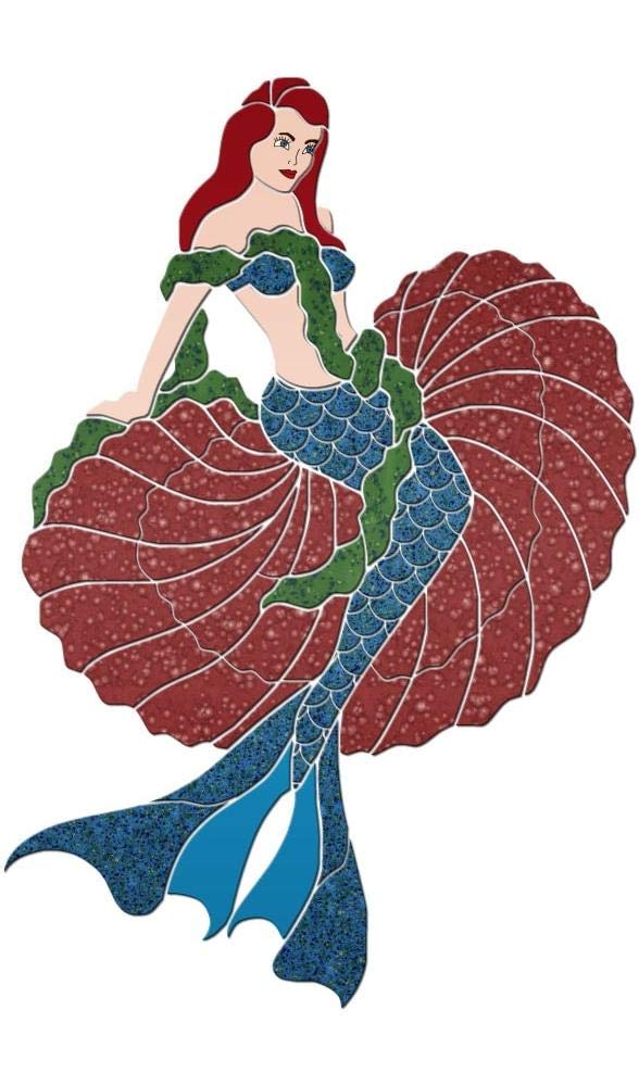 Red Mermaid in Shell Ceramic Swimming Pool Mosaic Tile - 60x41 Inches - Waterproof Pool Decor for Backyard, Garden & Spa Renovation