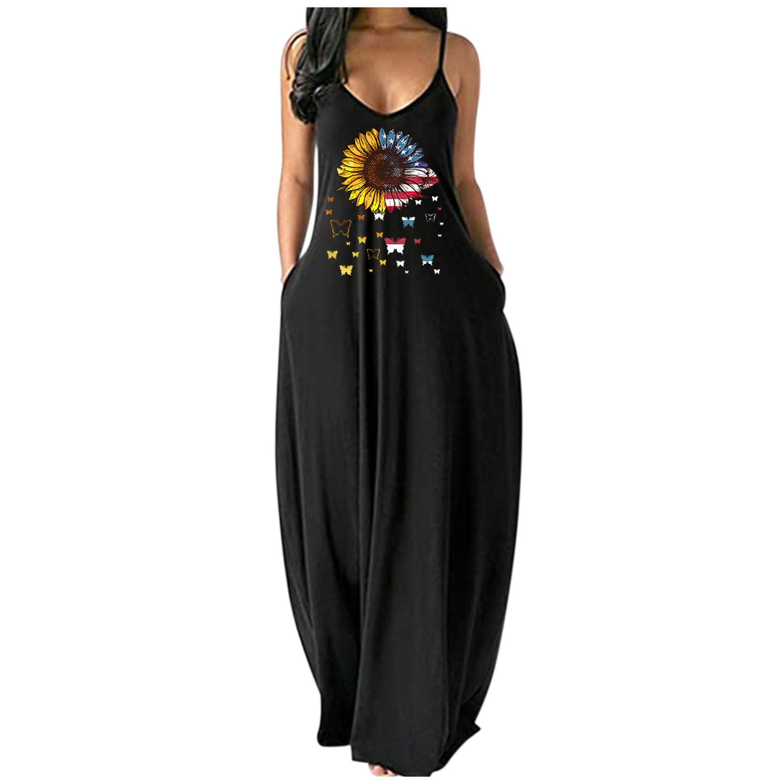 Women's Floral Print Sleeveless Maxi Dress - V Neck Strap Sundress for Summer, Beach, and Casual Wear | Lightweight Long Dress for Vacation, Party, and Outdoor Activities