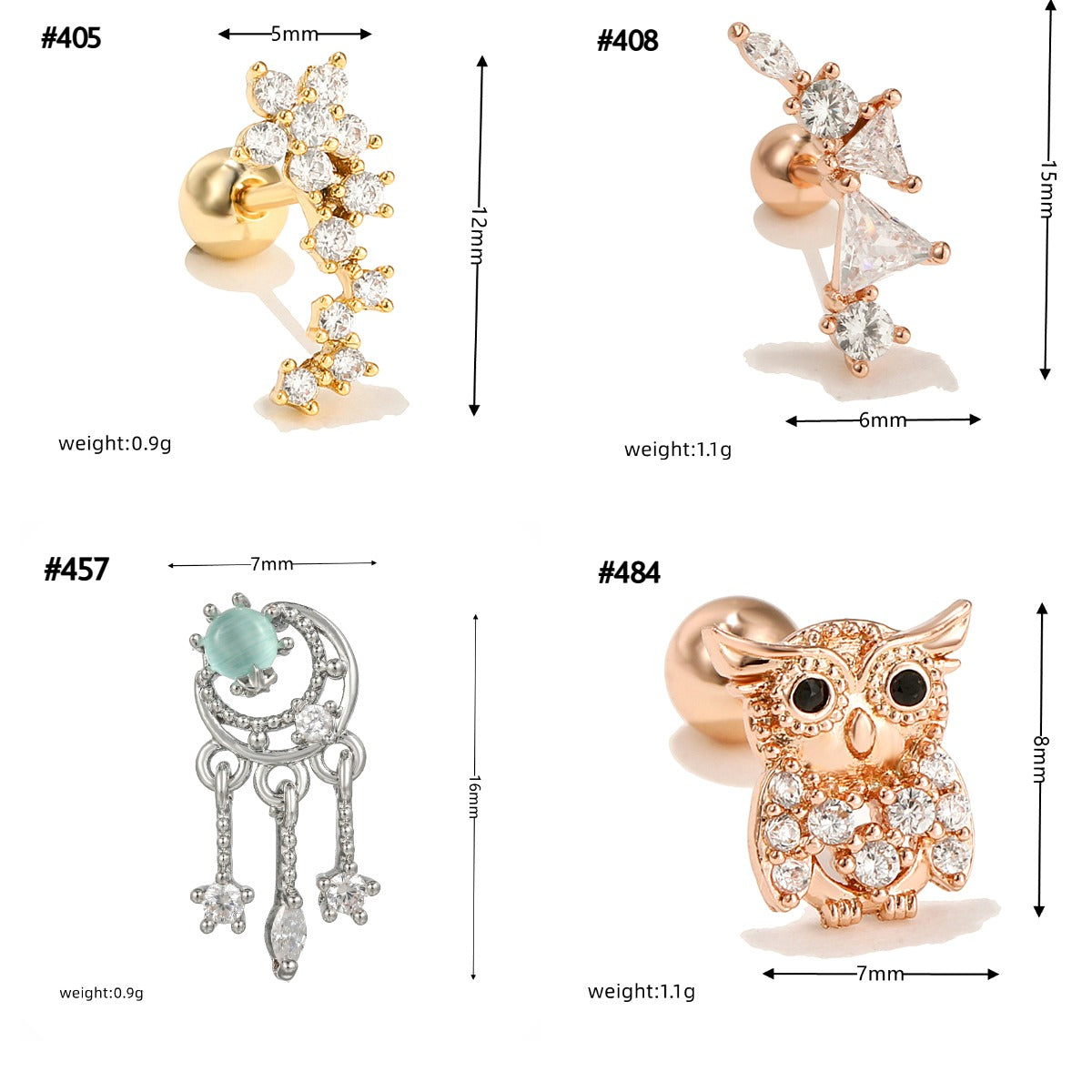 20G Hypoallergenic Owl Daith Helix Stud Earrings for Cartilage Piercing | EGD0405 | Perfect for Everyday Wear, Parties, and Gifts