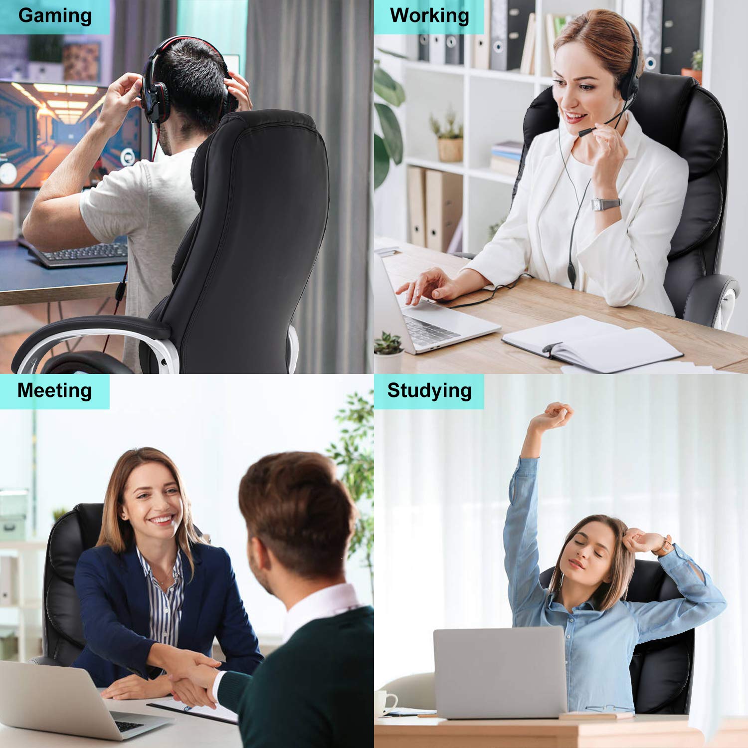 Ergonomic High Back Office Chair - Adjustable Executive Desk Chair with Lumbar Support & PU Leather Swivel Seat for Big and Tall Users - Perfect for Home Office, Gaming, and Professional Workspaces