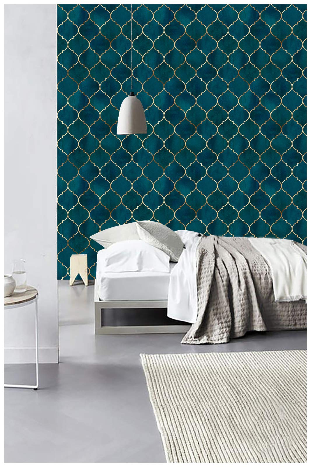 HaokHome Peel and Stick Wallpaper - Self-Adhesive Removable Wallpaper for Home & Bathroom Decor (17.7x118 inches) - Trellis Pattern in Emerald Green, Sapphire Blue & Gold - Perfect for Accent Walls, Nursery, Kitchen Backsplash & Rental Apartment Makeovers