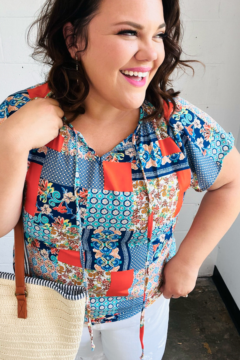 Boho Patchwork Raglan Top - Blue & Orange Vintage Style Women's T-Shirt for Casual Wear, Music Festivals & Beach Outfits