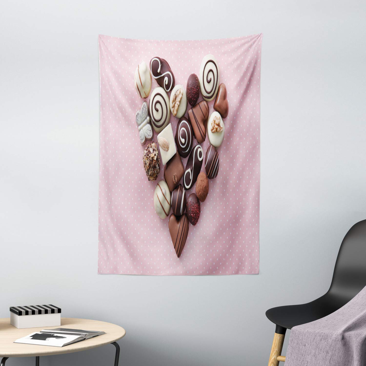 Ambesonne Chocolate Tapestry - Valentine's Day Heart Candy Design on Pink Background, 40x60 Inch Wall Hanging for Bedroom, Living Room, Dorm Decor | Perfect for Romantic Gifts, Home Decor, and Party Backdrop
