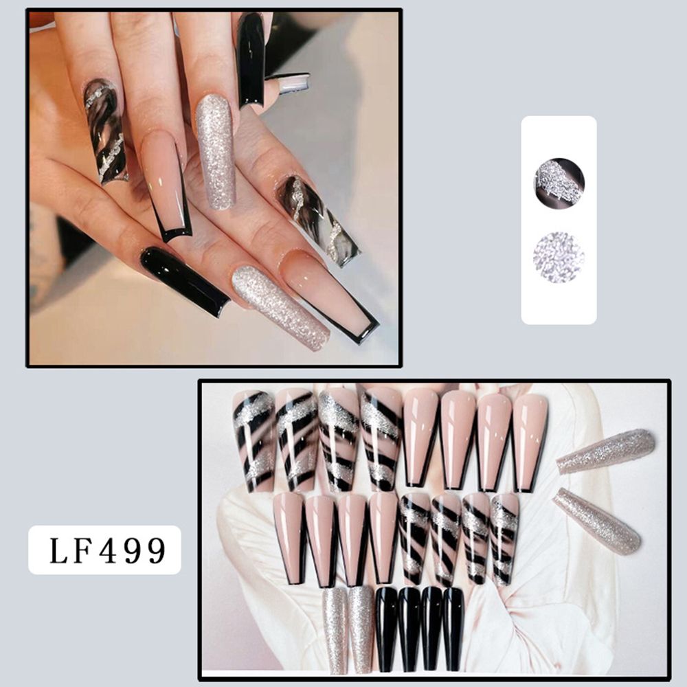 24Pcs Long Coffin False Nails with Gold Glitter Sequins Designs - Full Cover Press On Fake Nails Tips - Wearable Manicure Art Accessories for Parties, Weddings & Special Occasions