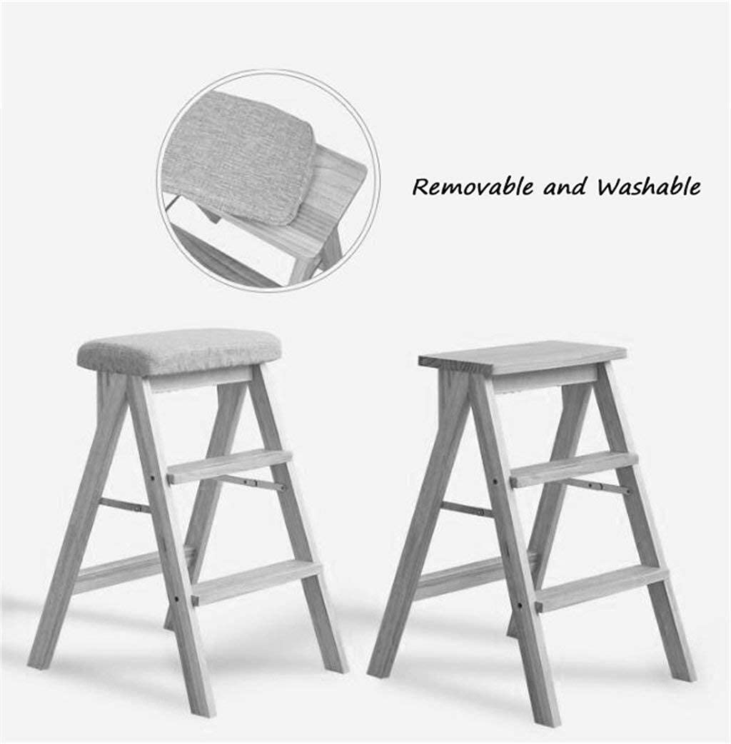 Solid Wood Folding Stool, Multifunctional Kitchen Step Stool with 3-Step Ladder, White & Blue - Perfect for Kitchen, Bathroom, and Home Organization