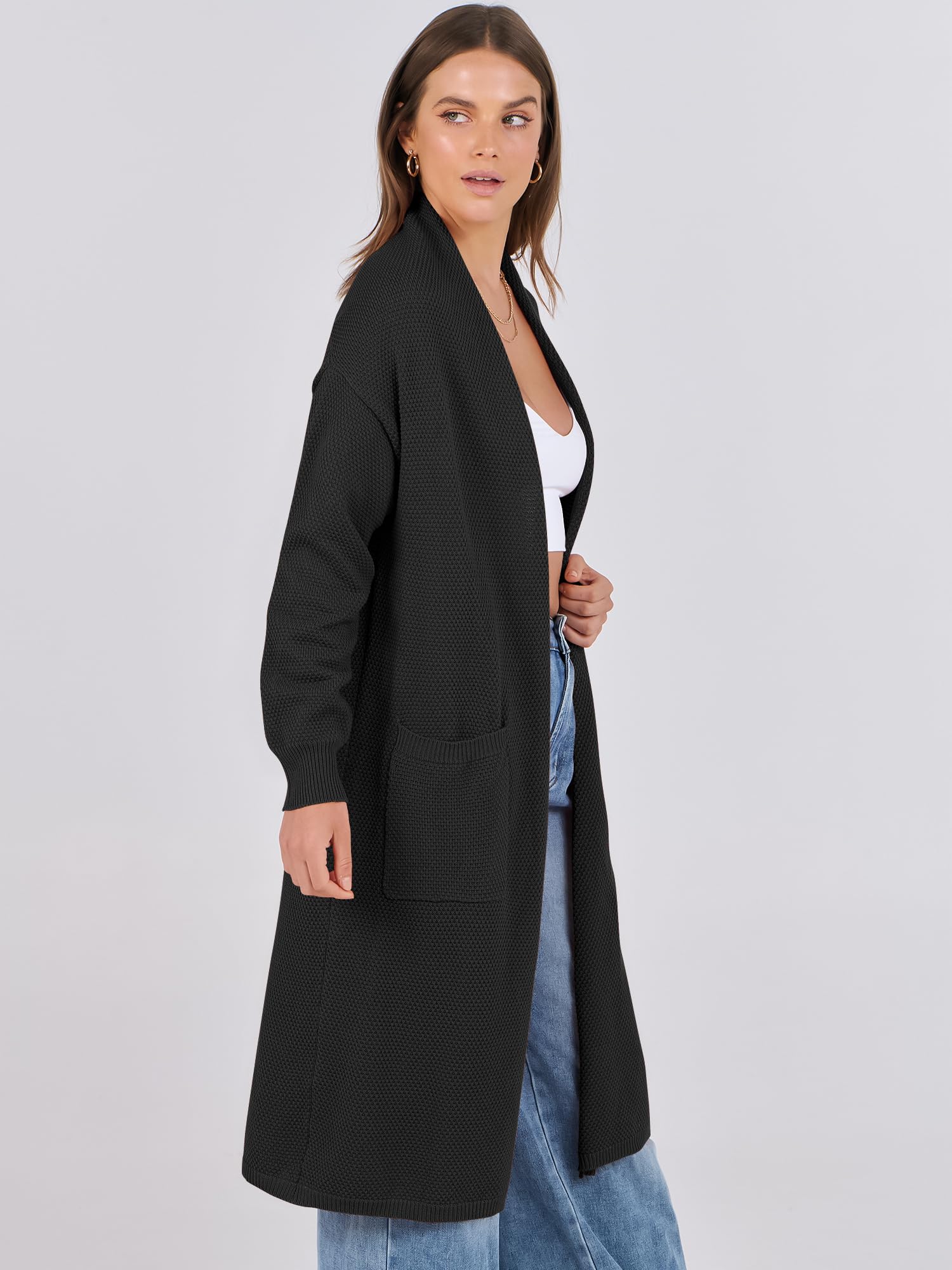 ANRABESS Women's Long Cardigan Sweater - Open Front Long Sleeve Slouchy Oversized Coat, Chunky Knit Waffle Coatigan for Fall 2024 | Perfect for Layering, Office Wear & Casual Outfits