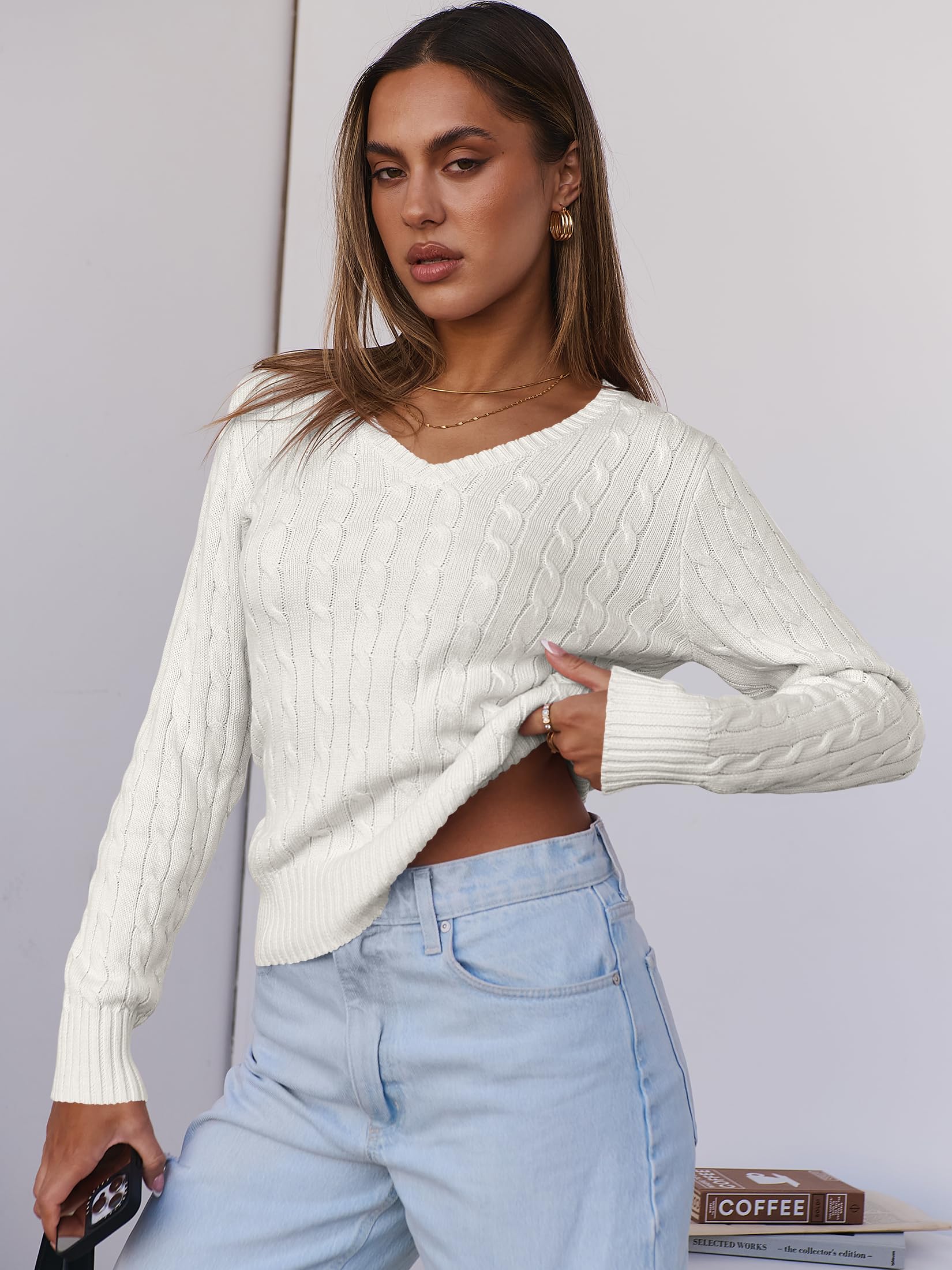 ANRABESS Women's Long Sleeve V Neck Cable Knit Sweater - Soft Pullover Top for Spring 2025 - Cute & Dressy Casual Outfit for Work, Dates & Everyday Wear