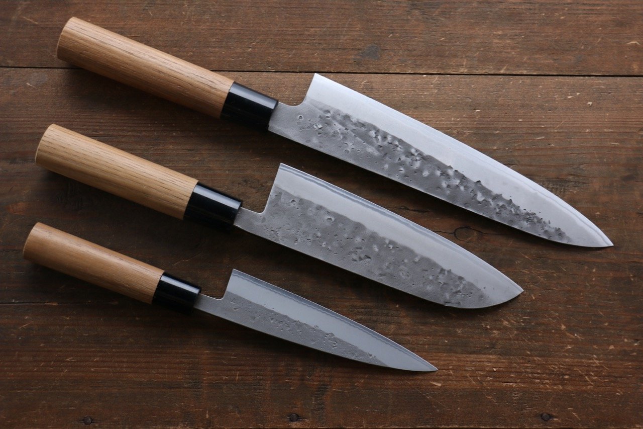 Premium Seisuke Blue Steel No.2 Nashiji Japanese Chef Knives Set - Gyuto, Santoku & Petty Knives for Professional Cooking & Home Kitchen Use