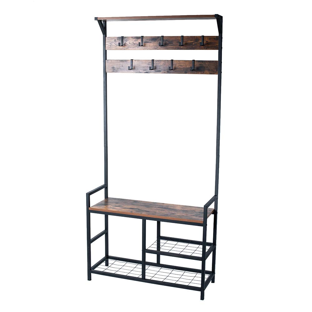 Industrial Shoe Bench with Mesh Storage Shelves & Seat - Wood Look Metal Frame Entryway Shoe Organizer for Closet & Hallway (33