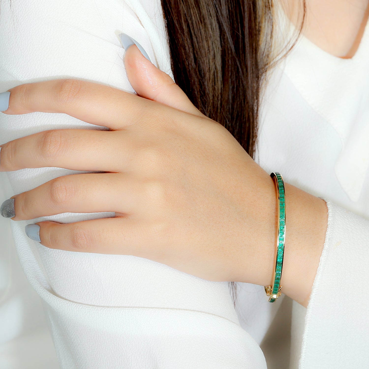 18K Yellow Gold Channel Set Emerald Bangle Bracelet for Women - Elegant Jewelry Gift for Her, Perfect for Weddings, Anniversaries & Special Occasions