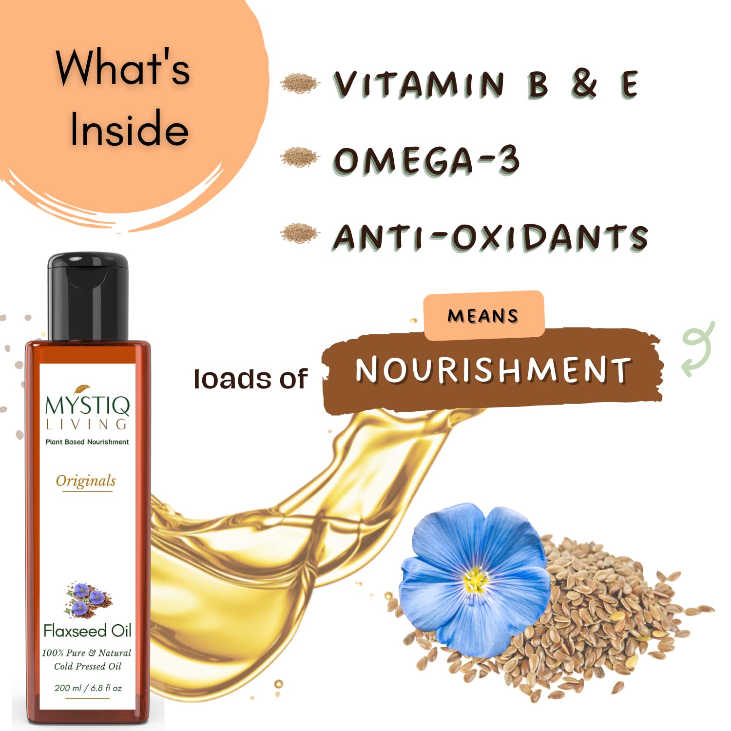 Pure Cold Pressed Flaxseed Oil (Alsi Tel) with Omega-3 for Healthy Hair, Skin & Body - 100% Natural, 200ml | Supports Heart Health, Glowing Skin & Hair Growth | Perfect for Smoothies, Salad Dressings & Skincare Routines