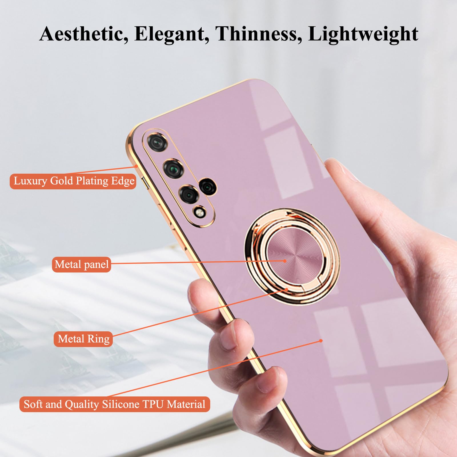 Huawei Nova 5T Case with Ring Holder & Stand - Magnetic, Slim, Protective - for Work & Travel