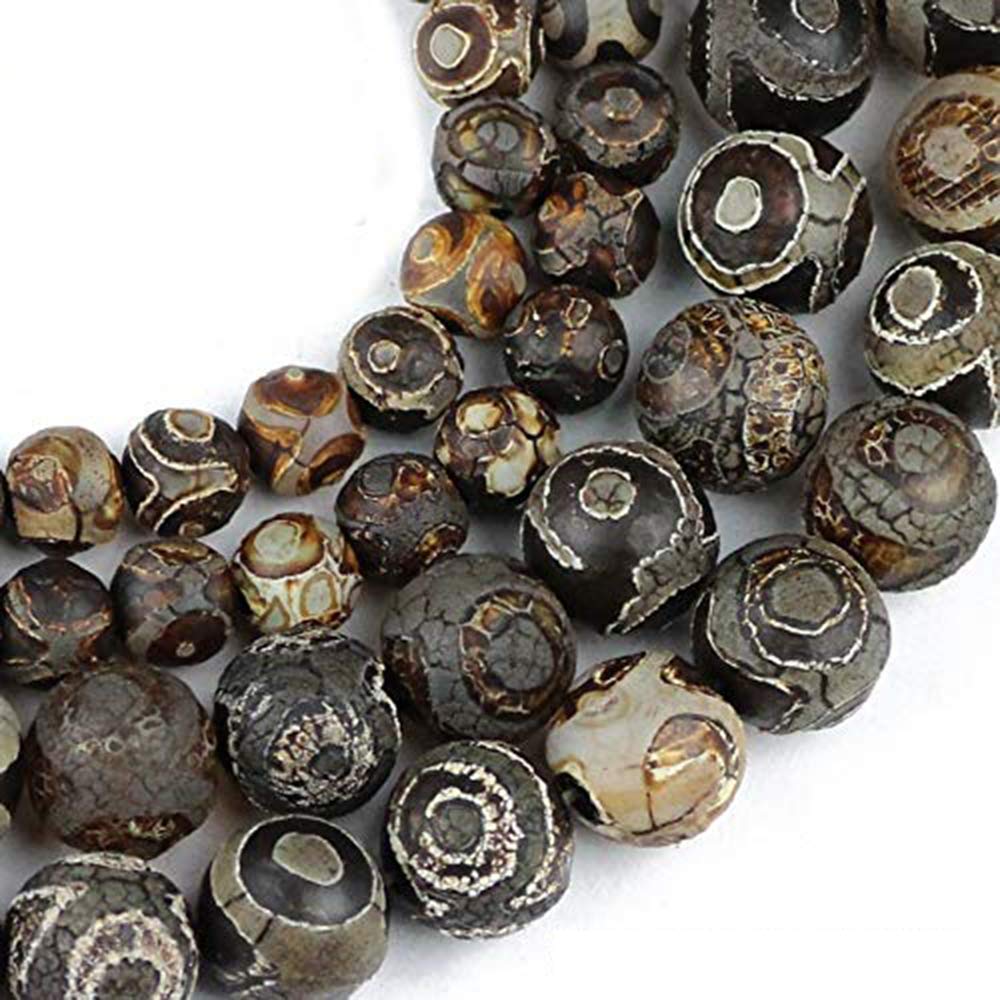 Natural Tibetan Dzi Beads 8/10/12MM - Genuine Agate Stone with Mystic Eyes - Handmade Religious Beads for Jewelry Making, Bracelet DIY (Black/Brown) - Perfect for Meditation, Spiritual Protection & Boho Fashion Accessories
