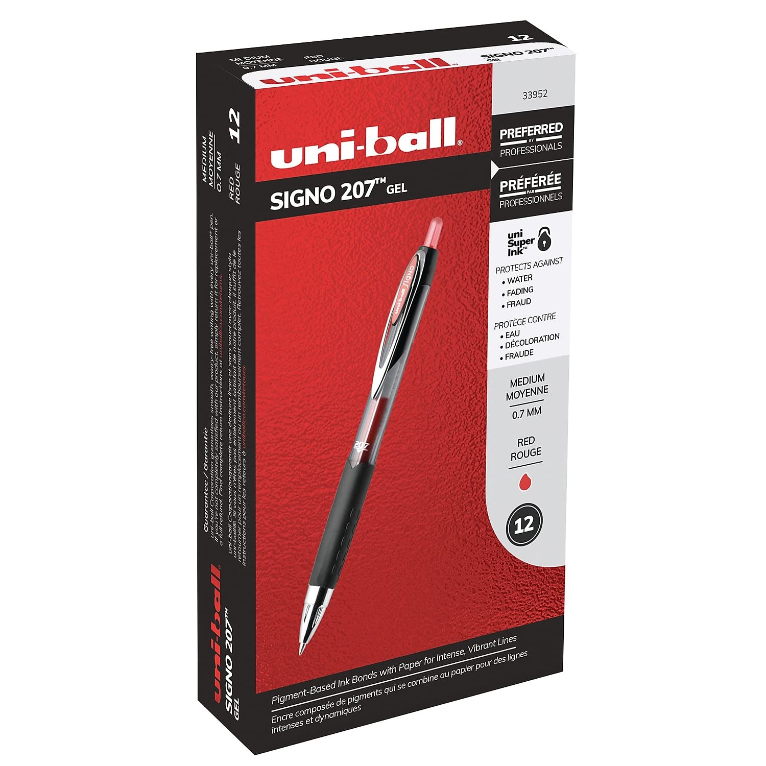 uni-ball Signo Gel 207 Retractable Roller Ball Pens - Medium Point (0.7mm), Smooth Red Ink, 12-Pack - Perfect for Office, School, Note Taking & Gift Giving