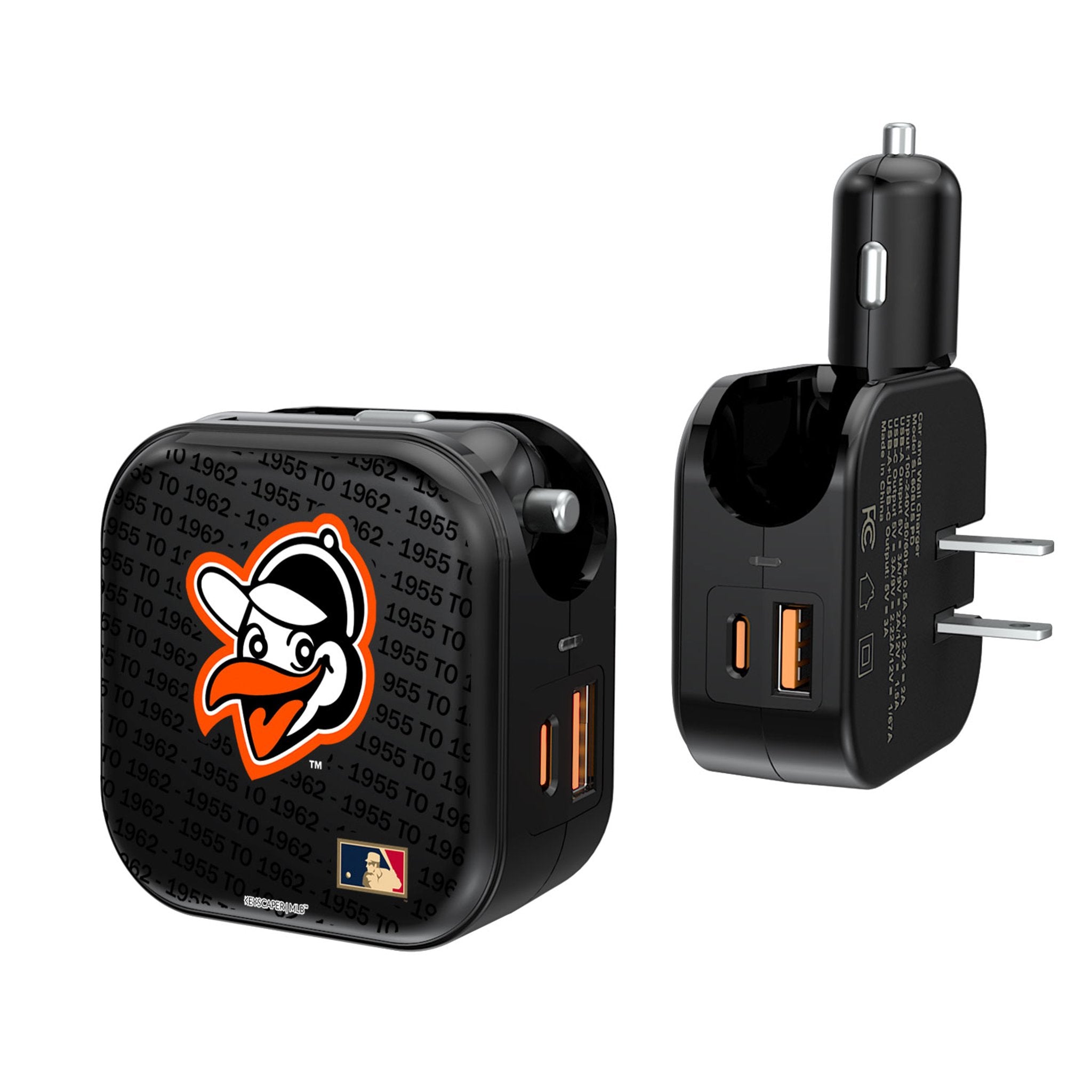 Baltimore Orioles 1955 Cooperstown Collection 2-in-1 USB Charger with Text Backdrop - Fast Charging for Home, Office & Travel