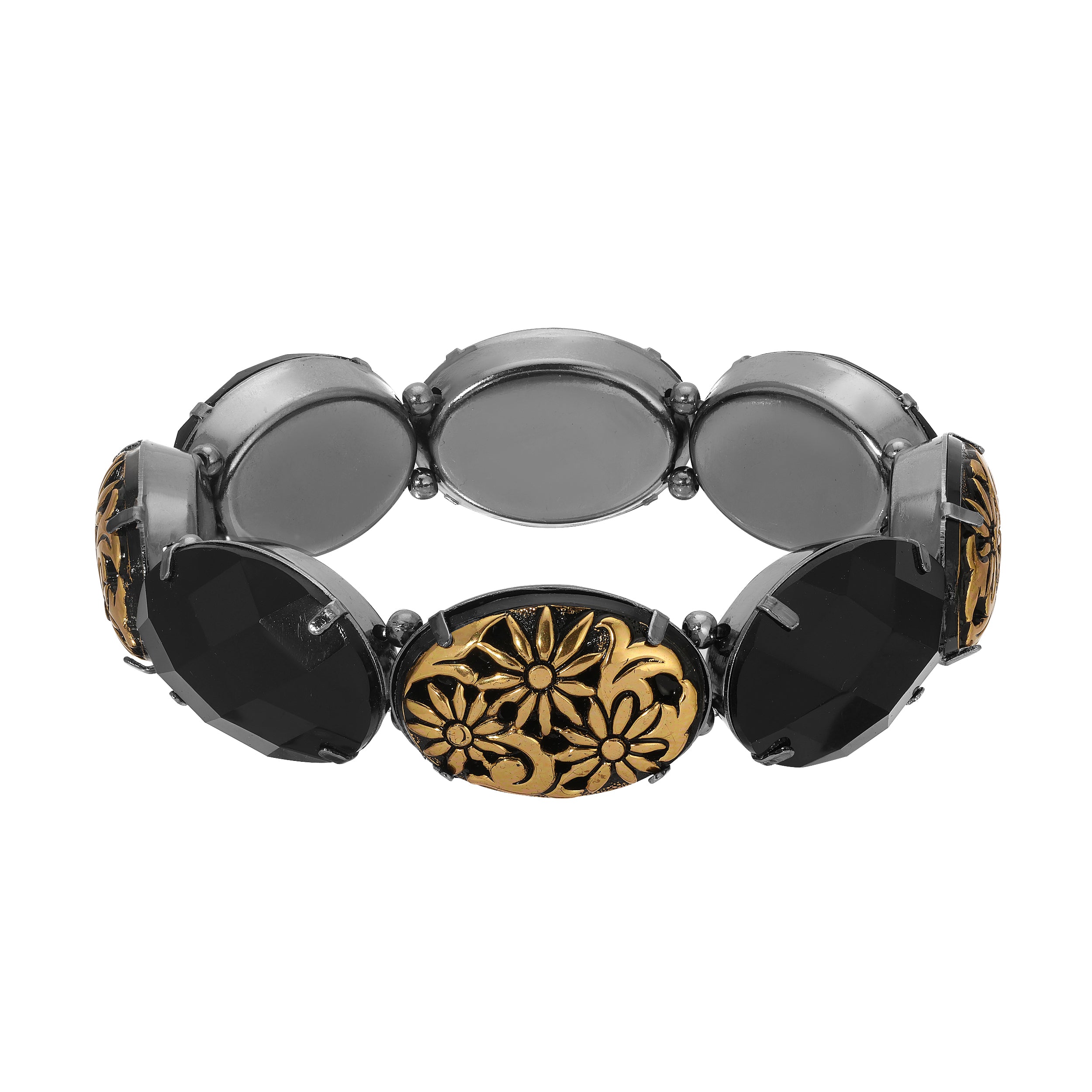 1928 Jewelry Black and Gold Floral Stone Stretch Bracelet for Women - Elegant Vintage Style Beaded Bangle for Party, Wedding & Everyday Wear