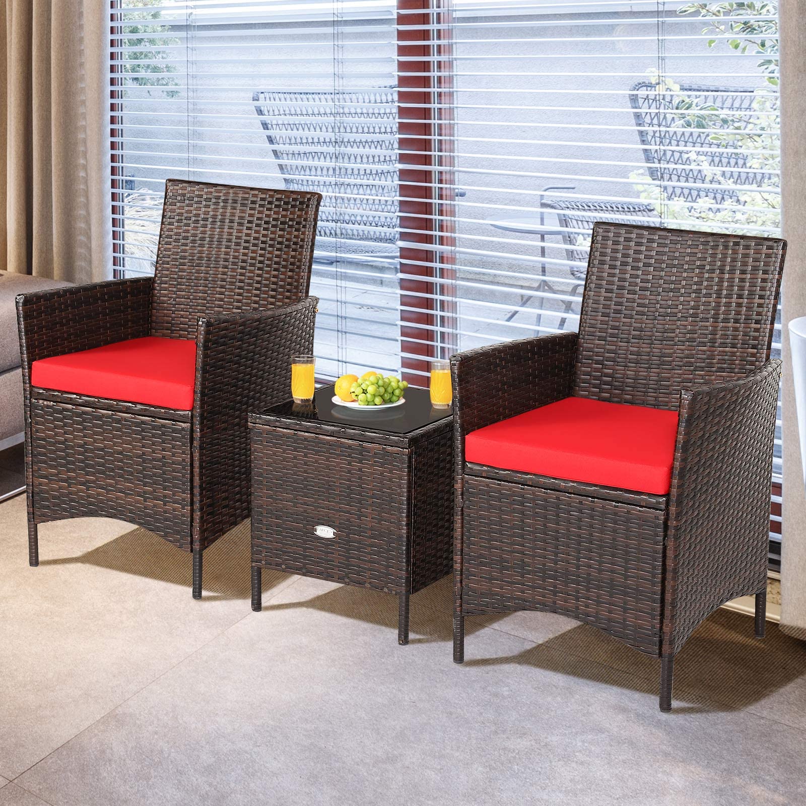 HappyGrill 3-Piece Patio Furniture Set - Wicker Bistro Set with Glass Coffee Table & Cushions, Outdoor Rattan Conversation Set for Garden, Lawn, Poolside, Backyard | Perfect for Relaxing, Entertaining & Outdoor Dining