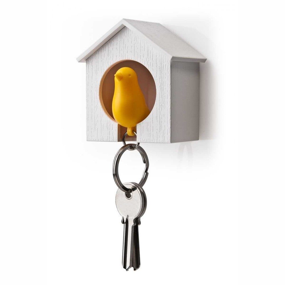 AKOAK White Mini Birdhouse with Yellow Bird Keychain - Safety Whistle for Outdoor Adventures, Hiking, Camping & Emergency Use