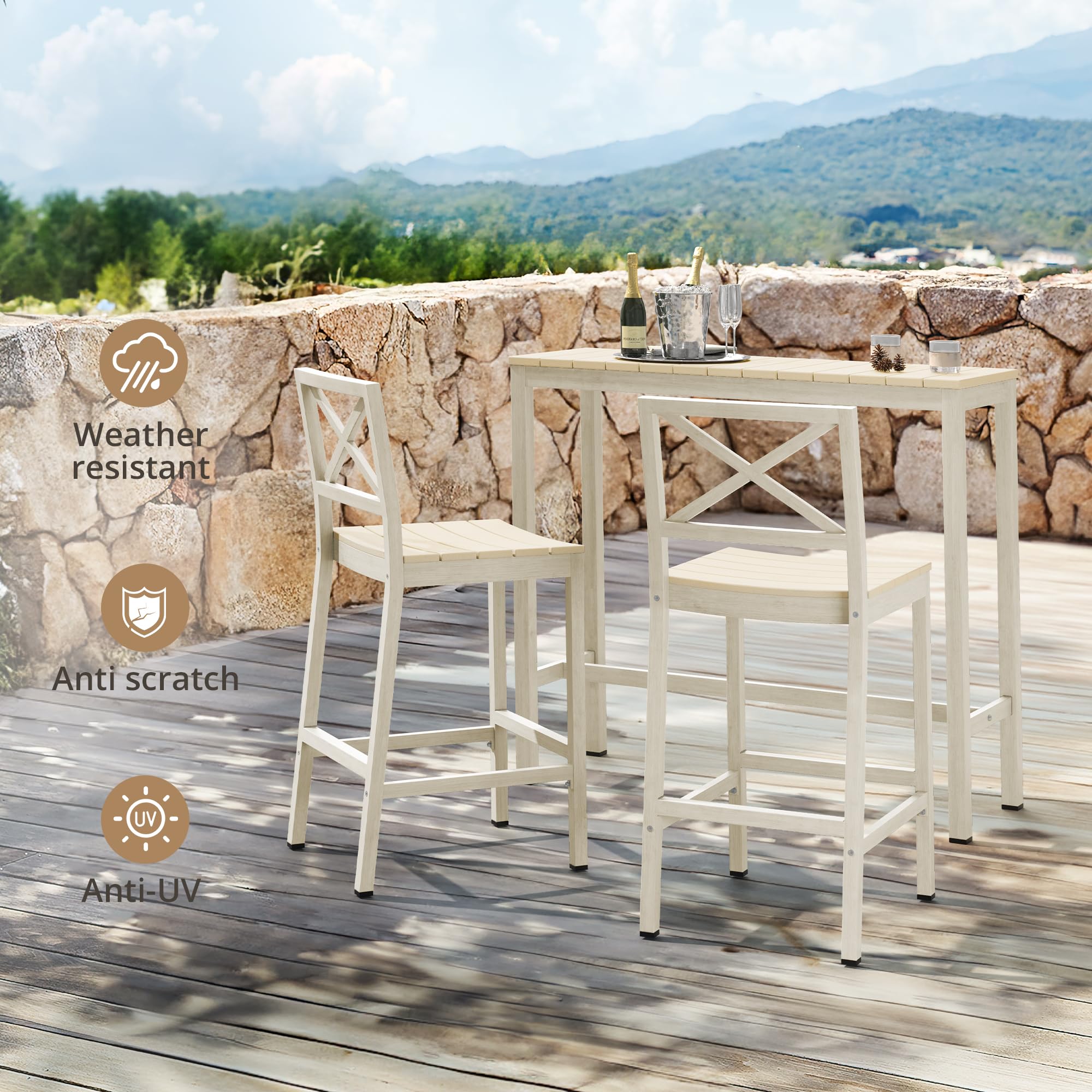 Outdoor Bar Height Table and Chairs Set - 3 Piece Patio Pub Set with 45