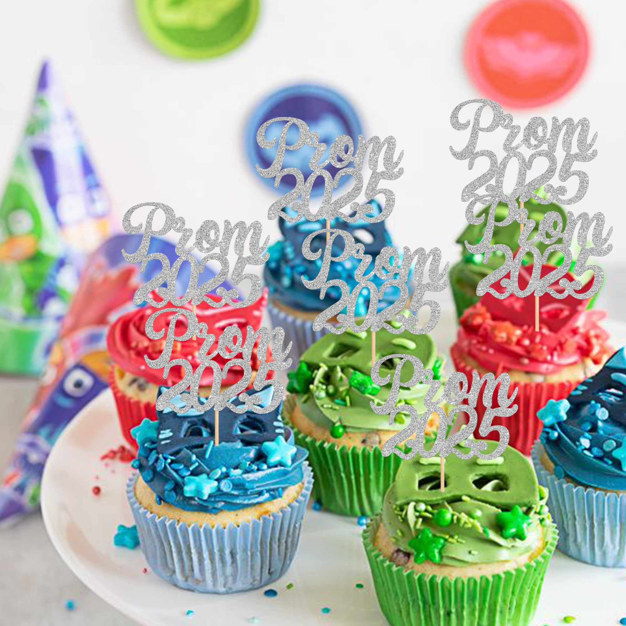 24 Pack Silver Glitter Prom 2025 Cupcake Toppers - Graduation Cake Decorations for Class of 2025, College Graduation & Prom Party Supplies - Perfect for Dessert Tables, Graduation Celebrations and Prom Night Decor
