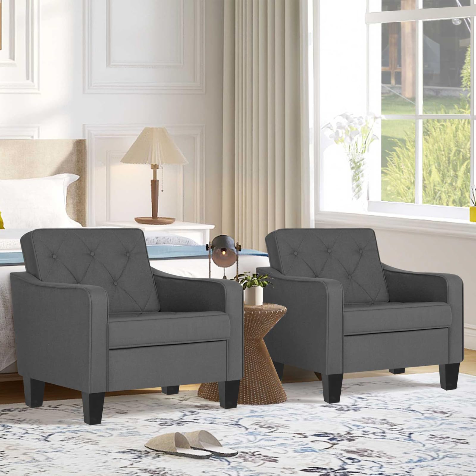 STHOUYN 2-Piece Grey Tufted Accent Chairs Set - Modern Living Room Armchairs, Comfortable Club Chairs for Bedroom, Office & Small Spaces - Perfect for Reading, Waiting Areas & Home Decor