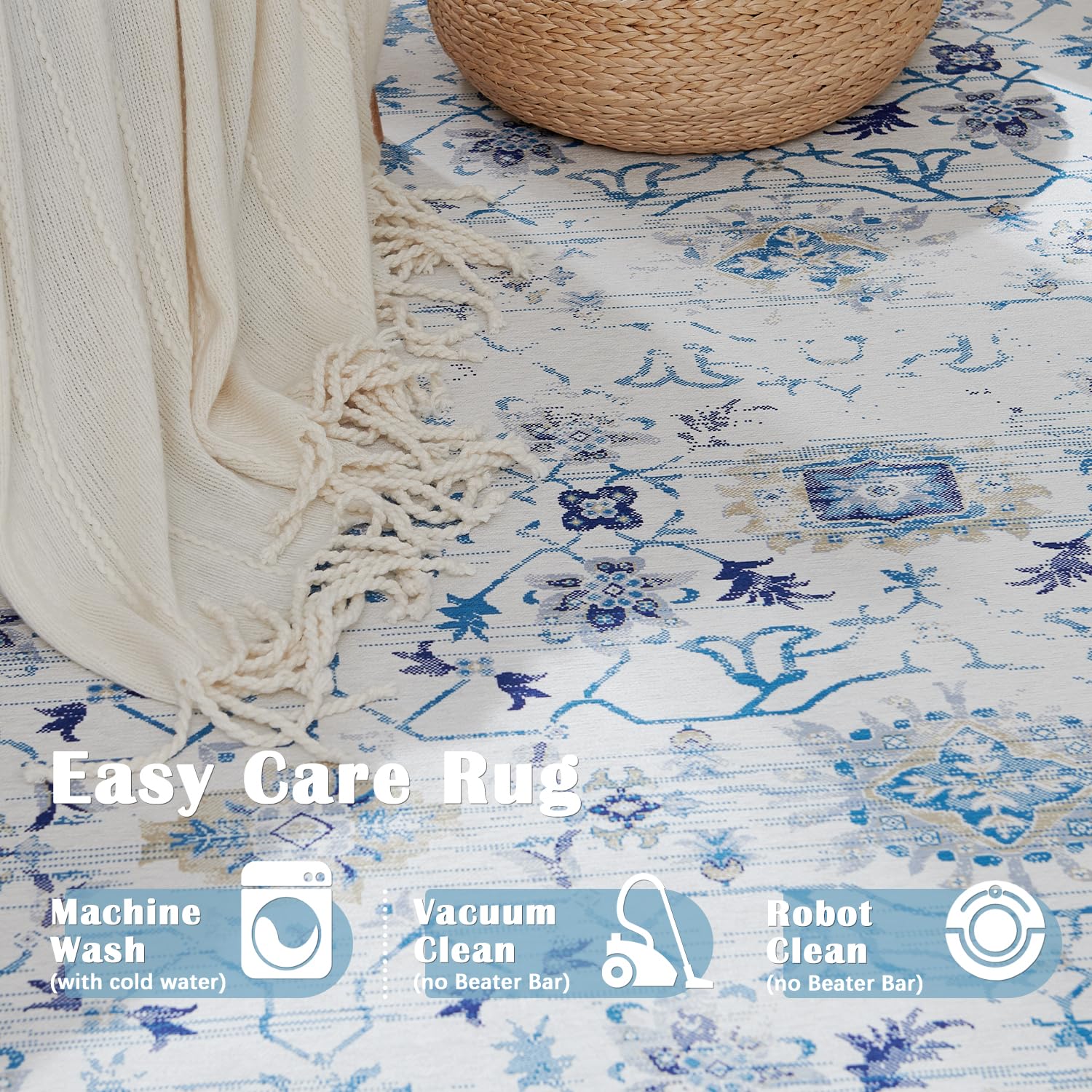 Jinchan Washable Blue Floral Print 5x7 Non-Slip Accent Rug - Soft Foldable Thin Bath Mat for Bedroom, Living Room, Dining Room | Perfect for Home Decor, Guest Rooms & Cozy Spaces