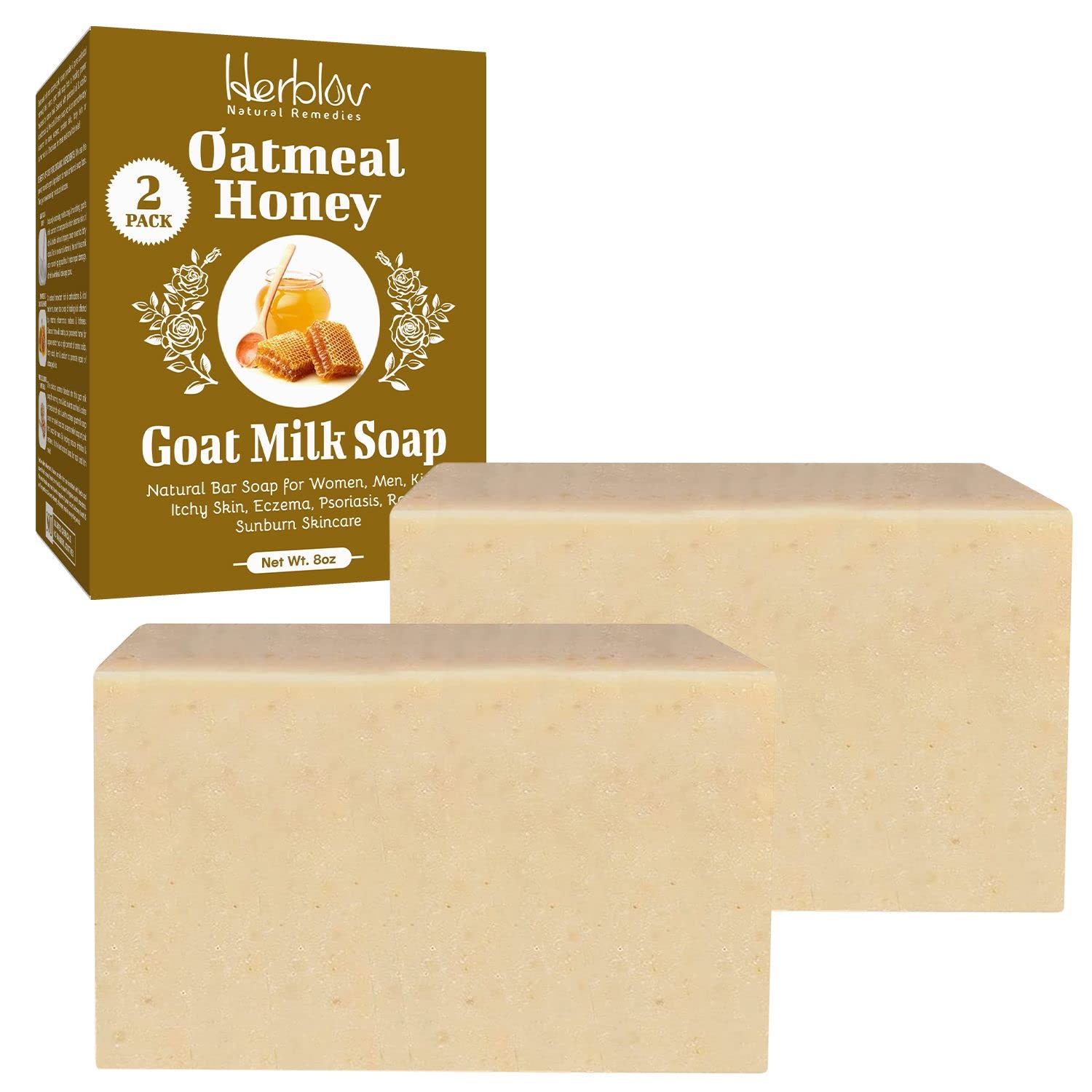 Oatmeal Honey Goat Milk Soap Bar 4oz - Natural Moisturizing Bar Soap for Dry & Sensitive Skin - Eczema, Psoriasis & Sunburn Relief - Colloidal Oatmeal Face & Body Cleanser (2 Pack) - Perfect for Daily Skincare Routine & Travel