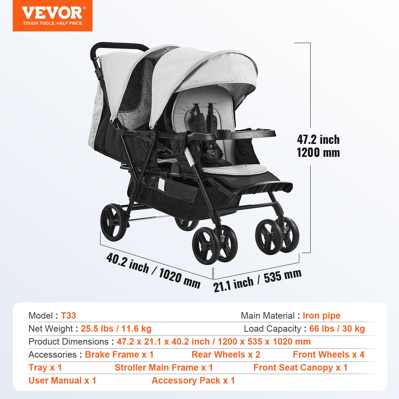 VEVOR Double Stroller for Toddlers, Lightweight Side by Side Baby Stroller with Adjustable Canopy & Storage Basket, Perfect for Twins or Siblings - Ideal for Park Walks, Shopping & Travel