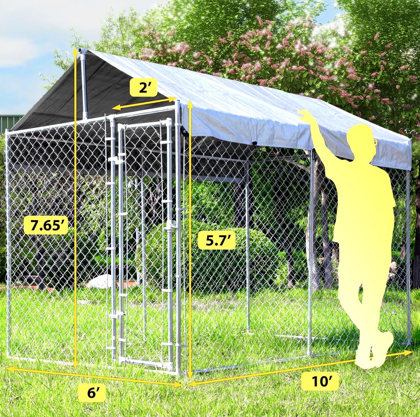 10'x6'x7.65' Heavy Duty Chain Link Metal Dog Kennel - Large Outdoor Dog Playpen with Lockable Door & Waterproof Canopy | Durable Exercise Pen for Medium & Large Dogs | Perfect for Backyard, Camping & Dog Training