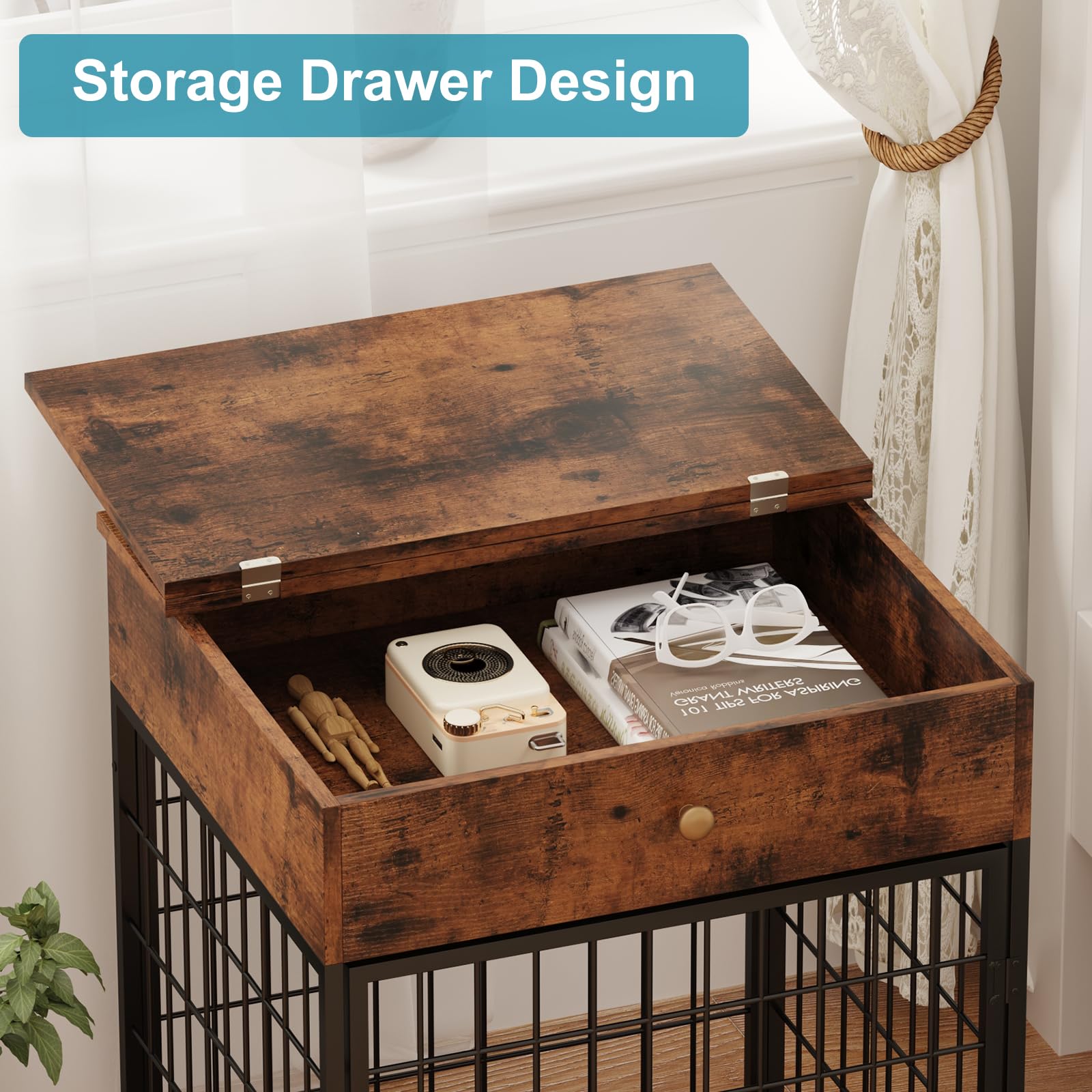 Rustic Brown Decorative Dog Kennel with Storage Drawer - Indoor Pet Crate End Table for Small Dogs | Steel-Tube Chew-Proof Dog Cage | Perfect for Living Room, Bedroom & Home Office Decor