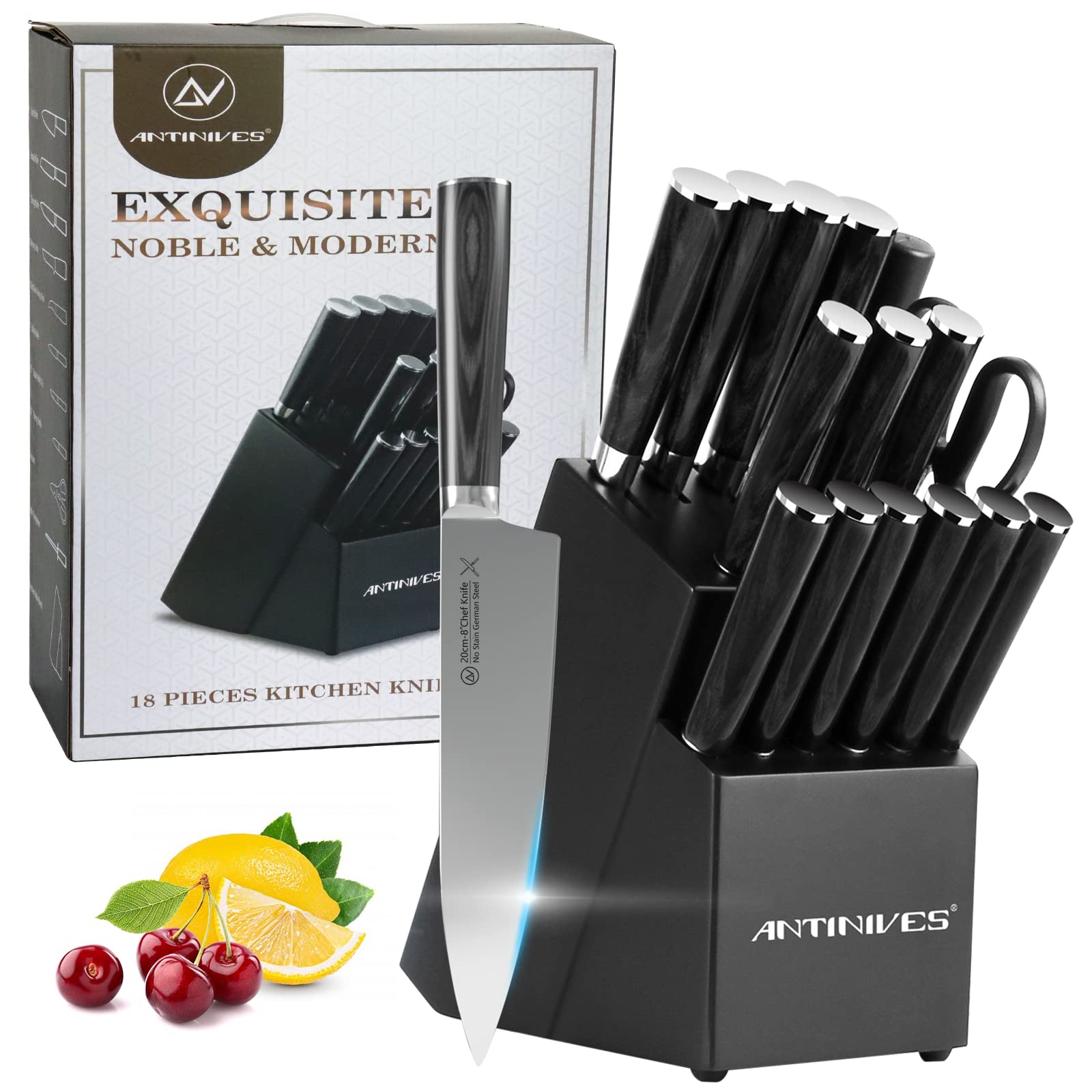 18-Piece German Stainless Steel Knife Set with Block - Professional Chef Knives Including Serrated Steak Knives, Sharpener & Finger Guard - Perfect for Home Kitchens, Restaurants & Culinary Gifts (Black)