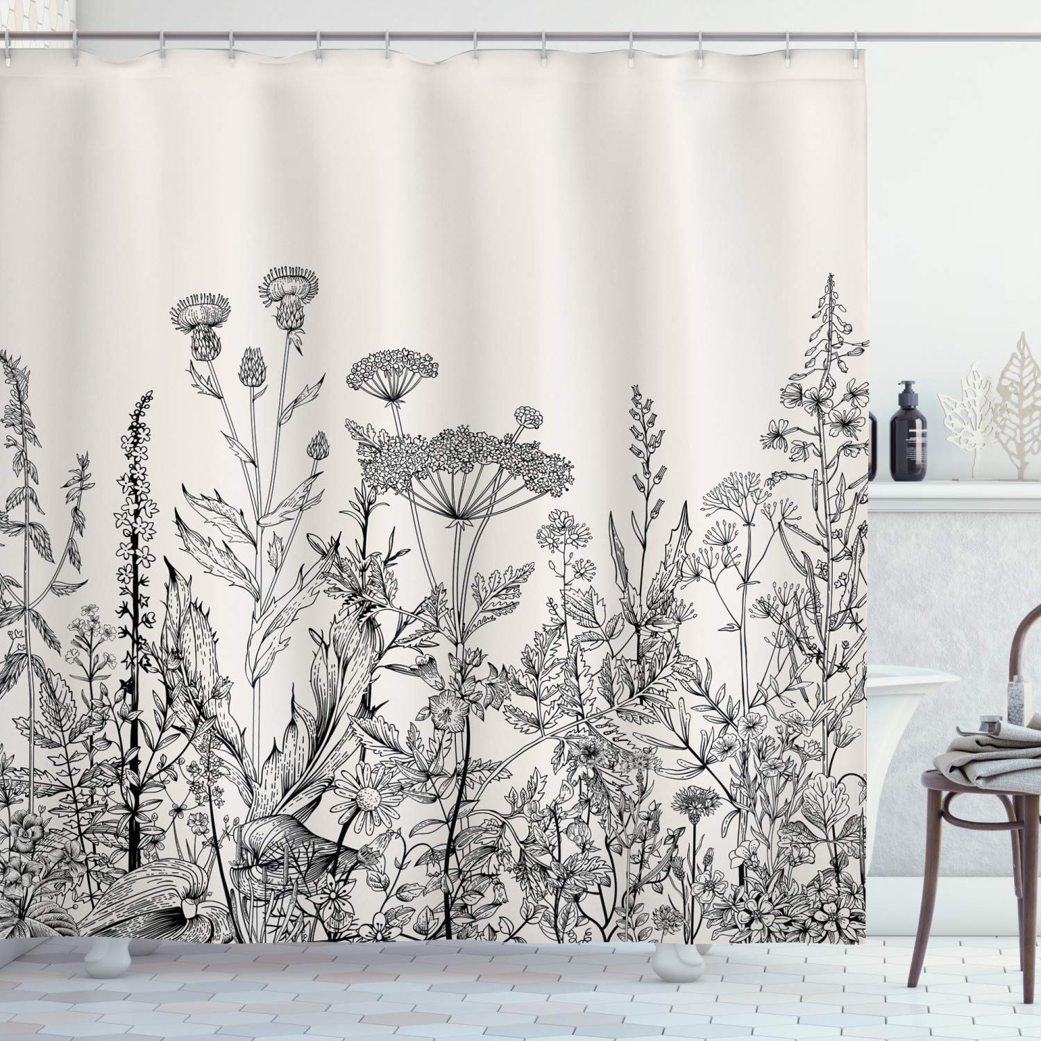 Ambesonne Floral Shower Curtain - Botanical Wildflower Design with Hooks, 69x84 Inches, Pale Eggshell & Dark Grey - Perfect for Farmhouse & Vintage Bathroom Decor