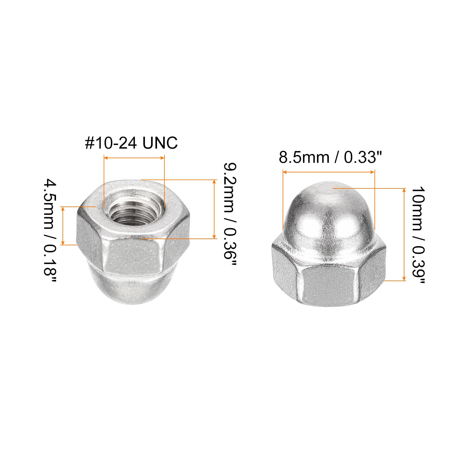 #10-24 Acorn Cap Nuts 50pcs - 304 Stainless Steel Hex Dome Head Nuts for Fasteners, Furniture & DIY Projects (Silver) - Rustproof Hardware for Outdoor & Indoor Use