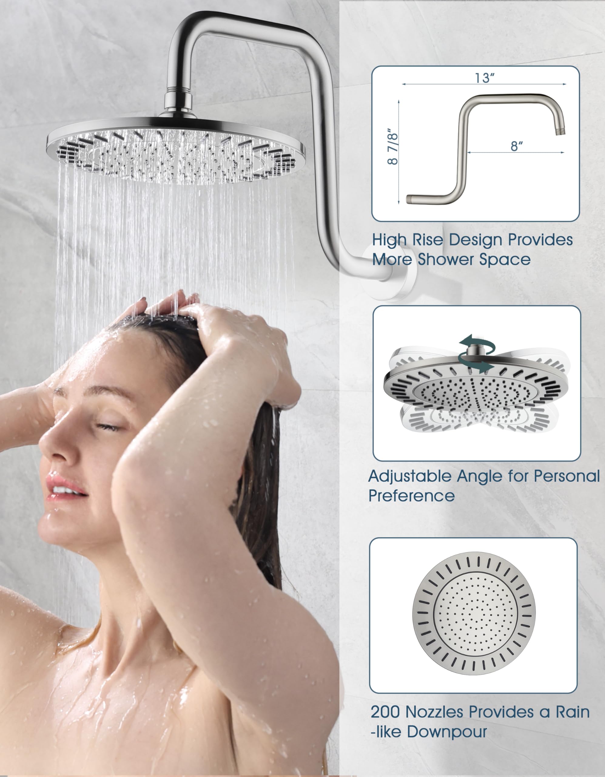 BRIGHT SHOWERS Brushed Nickel Shower Faucet Set - Double Handle Shower System with Rainfall Shower Head & 9-Setting Handheld Spray Combo, Includes Shower Valve Trim Kit | Perfect for Bathroom Remodeling & Spa-Like Shower Experience