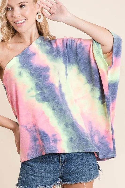BiBi Tie Dye French Terry One Shoulder Dolman Top | Trendy Women's Casual Shirt | Perfect for Summer Outfits, Beach Wear & Music Festivals