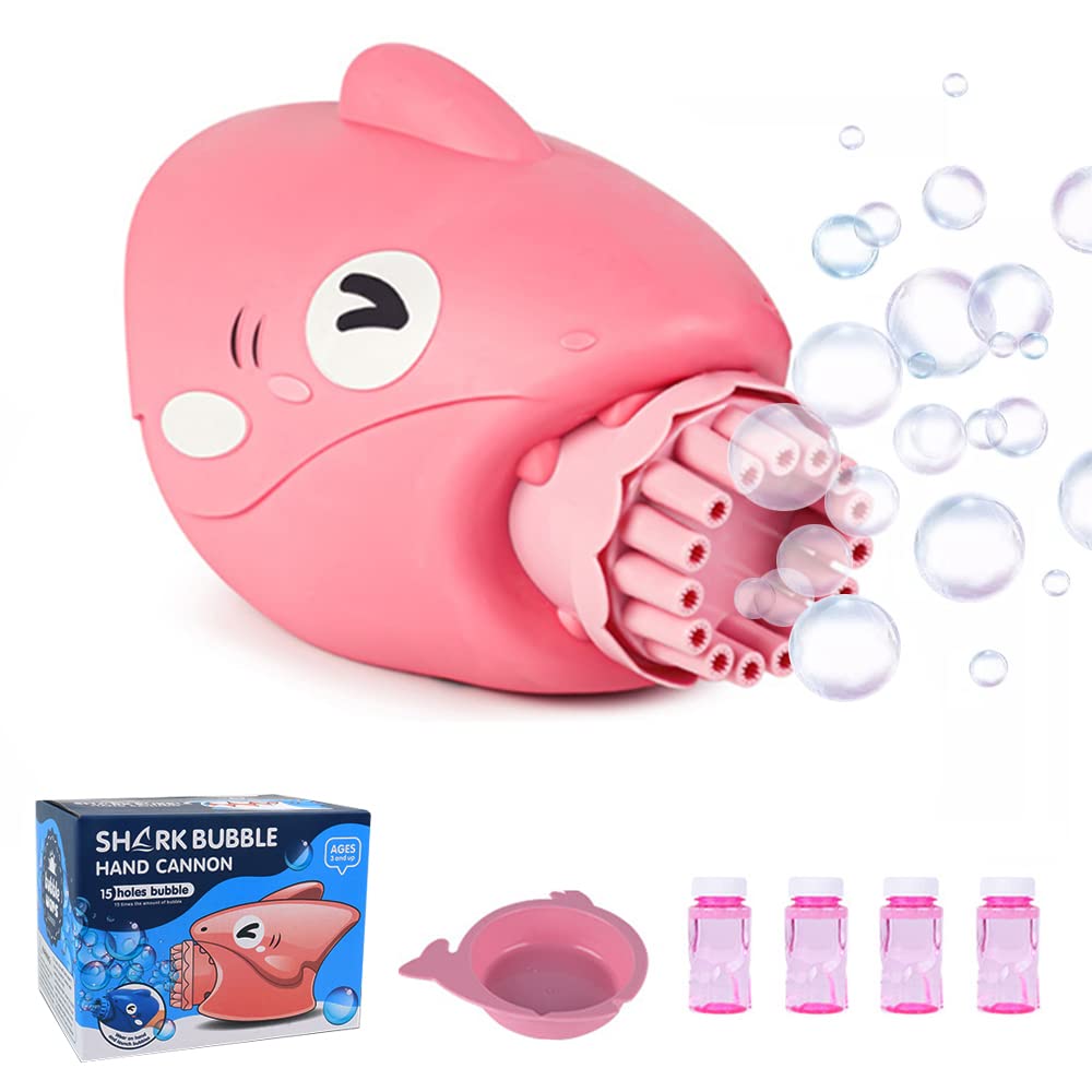 Shark Bubble Blower Machine for Kids - Automatic Bubble Maker with 4 Bubble Solution Bottles - Fun Outdoor Toy for Toddlers Ages 3+ - Perfect for Birthday Parties, Camping, Backyard Play & Summer Activities (Pink)