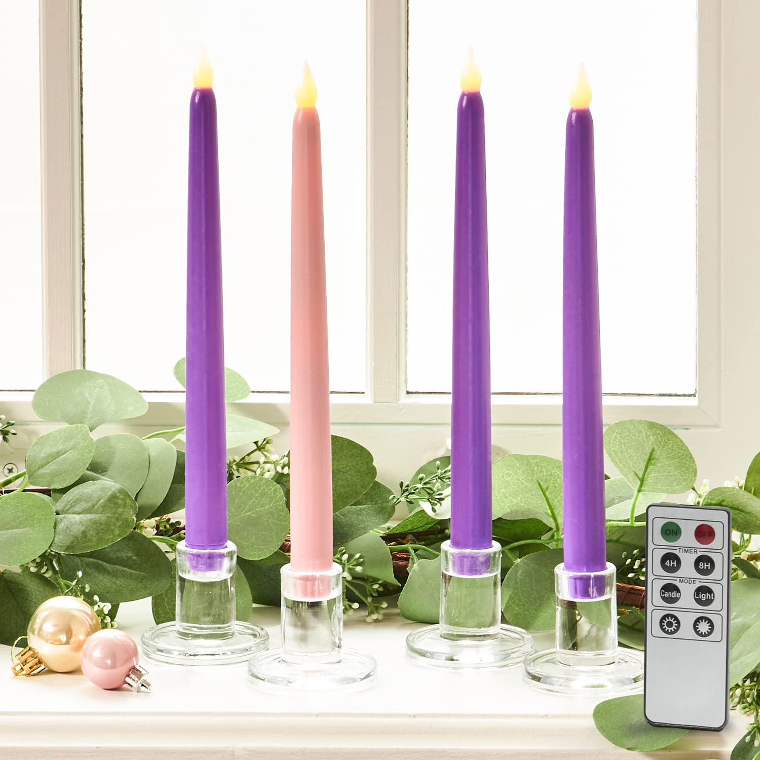 Battery Operated Flameless Candles Set - 10 Inch Purple & Pink for Advent Wreath & Lent Decor