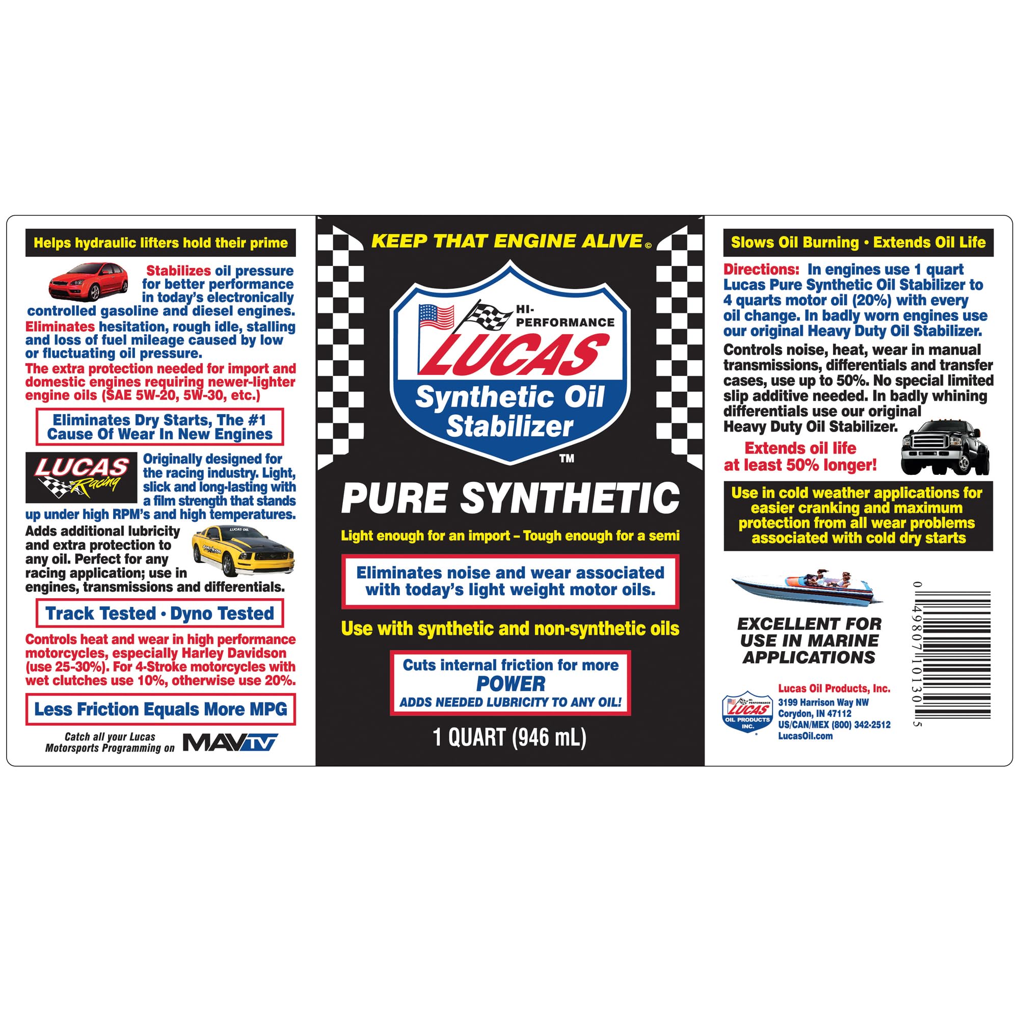 Lucas Oil 10130 Pure Synthetic Oil Stabilizer - 1 Quart | Engine Protection & Performance Booster | Ideal for Cars, Trucks & Motorcycles