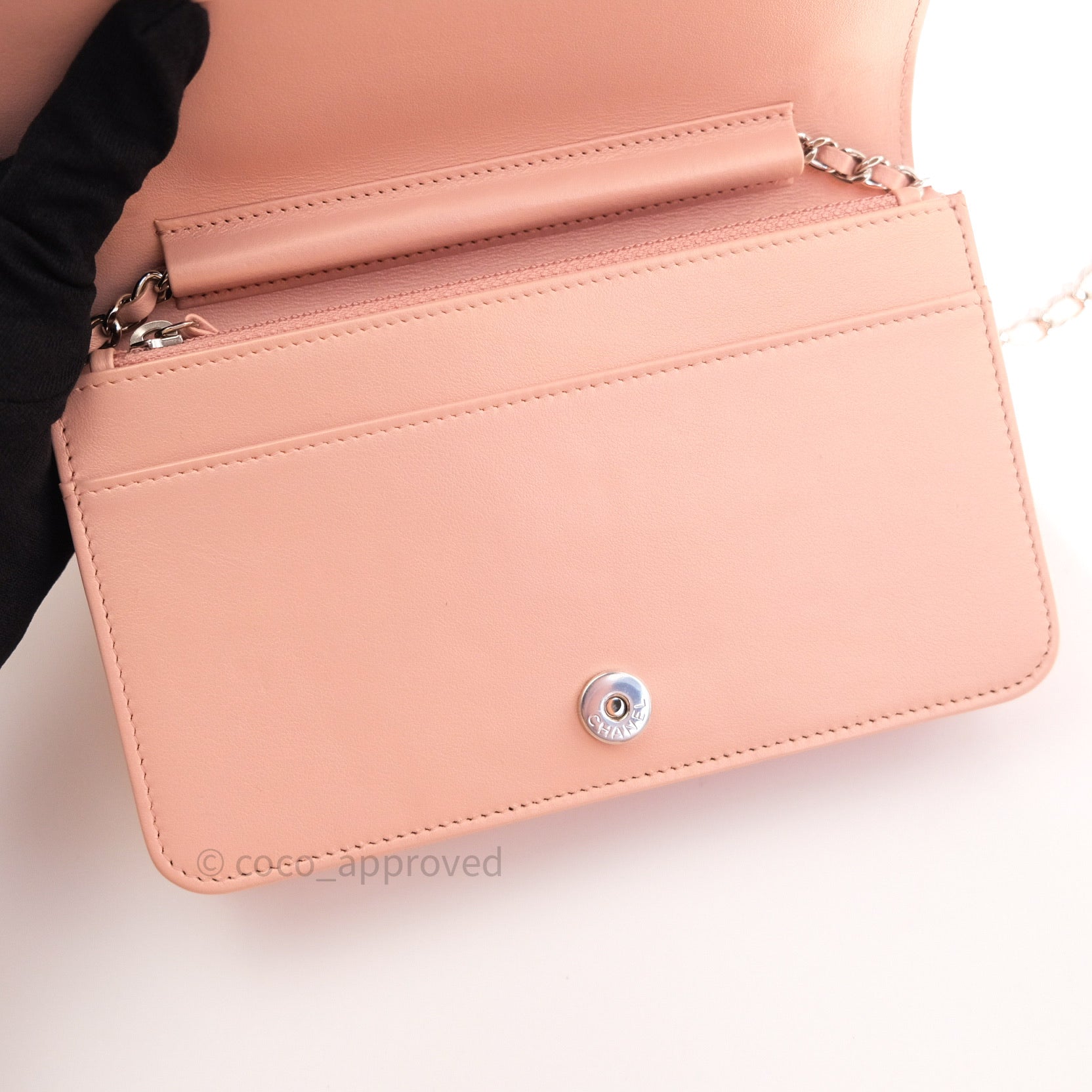 Chanel Chevron Wallet on Chain WOC Rose Gold Caviar Leather with Silver Hardware - Perfect for Evening Events & Luxury Fashion Accessories