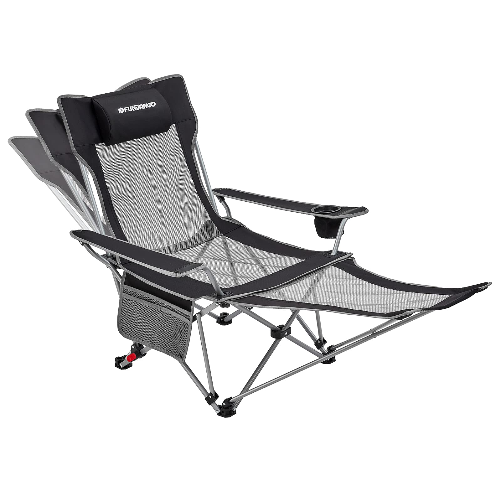 **FUNDANGO Portable Reclining Camping Chair with Footrest & Headrest - Adjustable Mesh Folding Lounge Chair for Outdoor, Picnics, BBQ, Beach, Travel - Includes Cup Holder & Storage Bag (Black)**