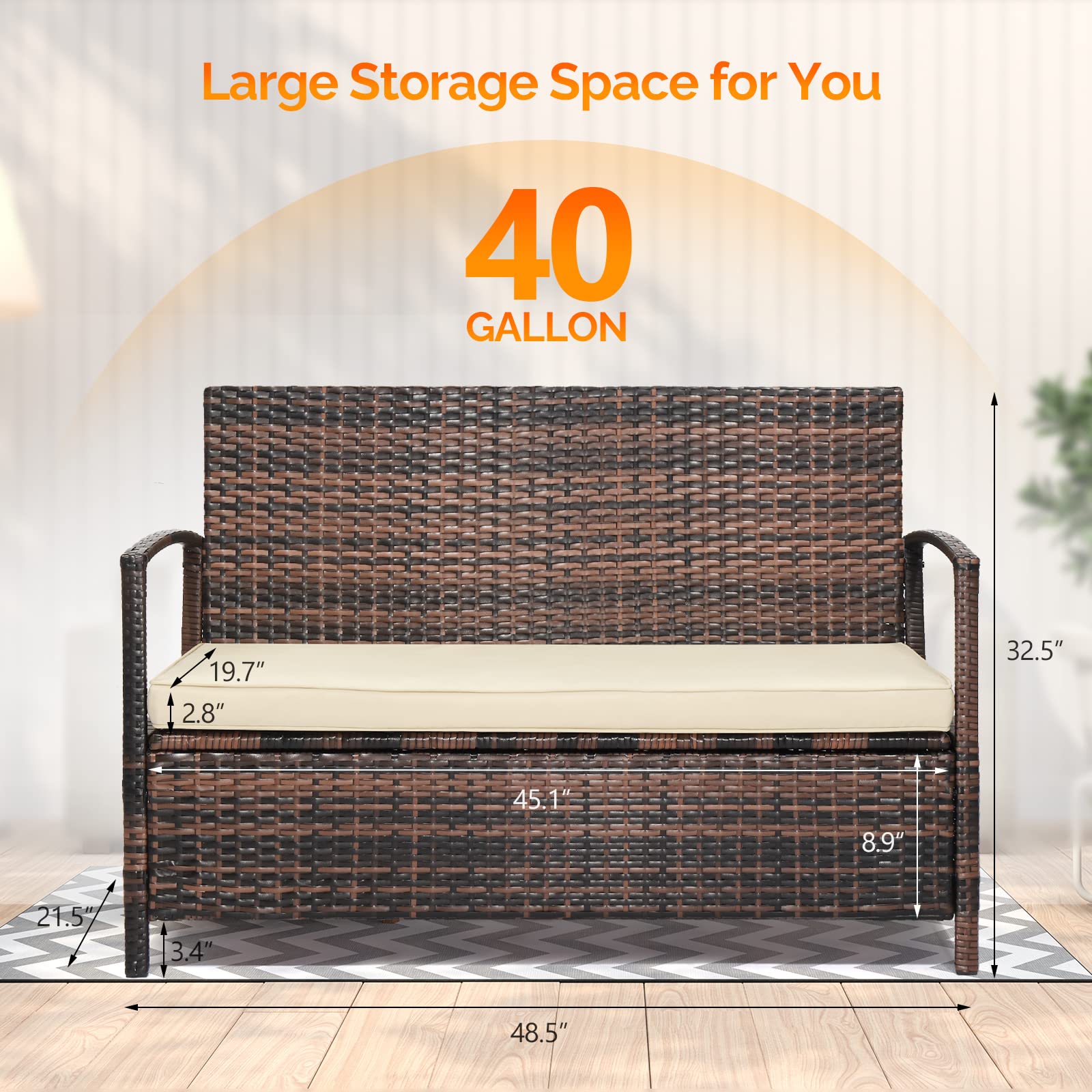 VINGLI 40 Gallon Outdoor Storage Bench with Cushion - Wicker Rattan Deck Box & Patio Sofa Bench for Porch, Yard, Garden - Weather-Resistant Brown Storage Solution for Outdoor Cushions, Pool Toys & Gardening Tools
