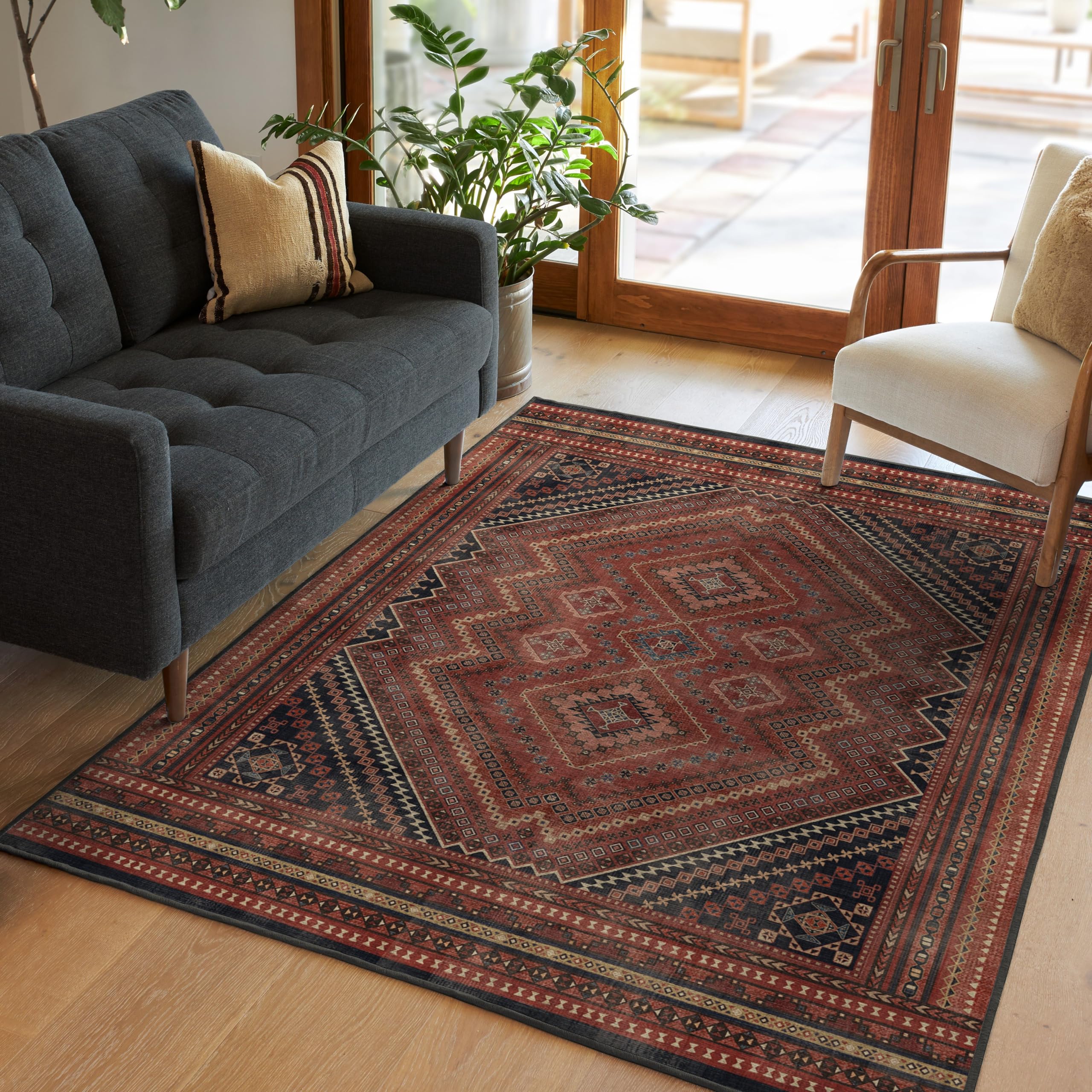 Ruggable Washable 5x7 Area Rug - Kaden Amber Red | Premium Non-Slip Rug for Living Room, Bedroom, Kitchen, Office & Classroom | Easy to Clean with Gripper Pad | Perfect for High Traffic Areas & Pet-Friendly Homes