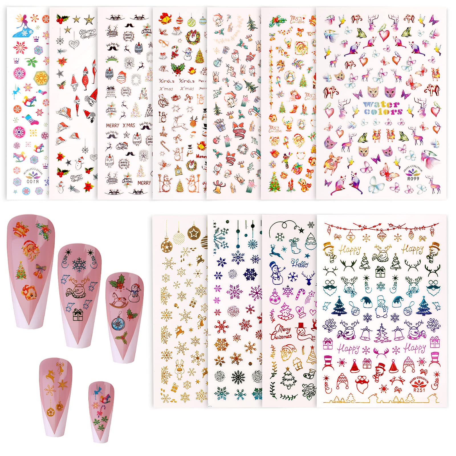 AIEX 12 Sheets Christmas Nail Stickers - Santa Claus, Elk & Christmas Tree Nail Art Decals for Holiday Manicures | DIY Christmas Nail Decor for Parties, Gifts & Festive Beauty