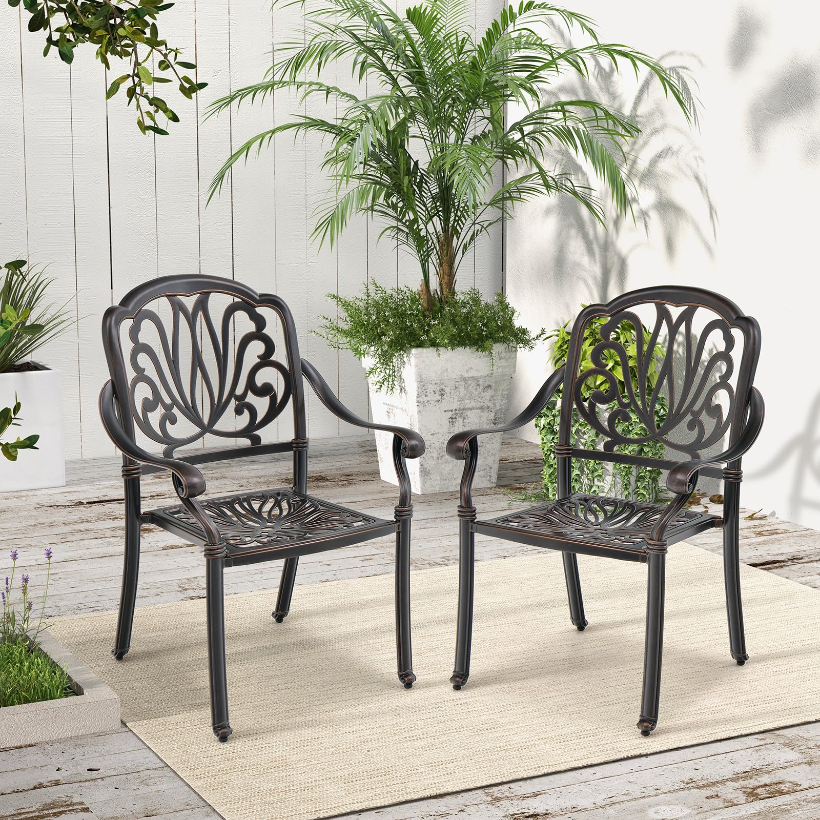 Tangkula Set of 2 Stackable Cast Aluminum Patio Dining Chairs with Armrests - Bronze Outdoor Bistro Chairs for Balcony, Backyard, Garden - Perfect for Outdoor Dining, Lounging & Entertaining