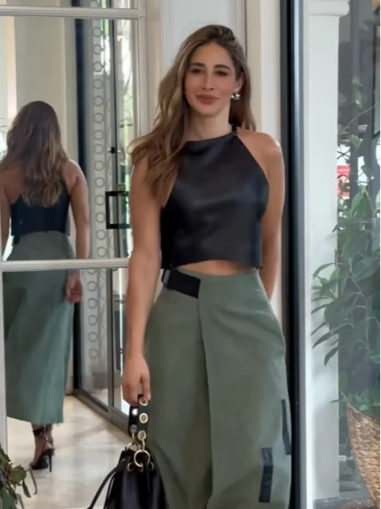 Stylish Women's PU Leather Vest & Skirt Set - Sleeveless Cropped Top with High-Slit Pencil Skirt | Trendy Streetwear Outfit for Party, Club & Night Out