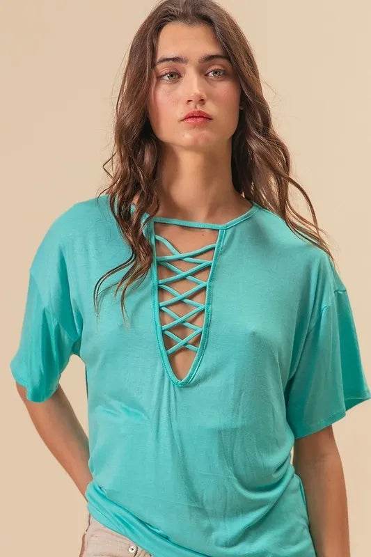 BiBi Jersey Knit Top with Criss Cross Front Neck Detail - Women's Casual V-Neck T-Shirt | Soft Stretch Fabric for Everyday Wear | Perfect for Work, Date Night & Weekend Outfits