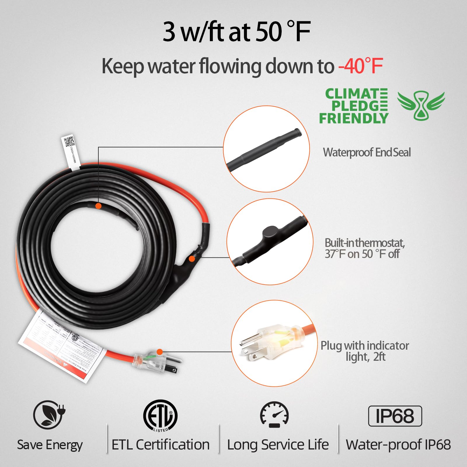 Self-Regulating Heating Cable for Pipe Freeze Protection - 24Ft, 120V Energy-Saving Heat Tape for Metal & Plastic Water Pipes - Keep Water Flowing in Cold Weather - Ideal for Home, RV, and Outdoor Pipe Protection