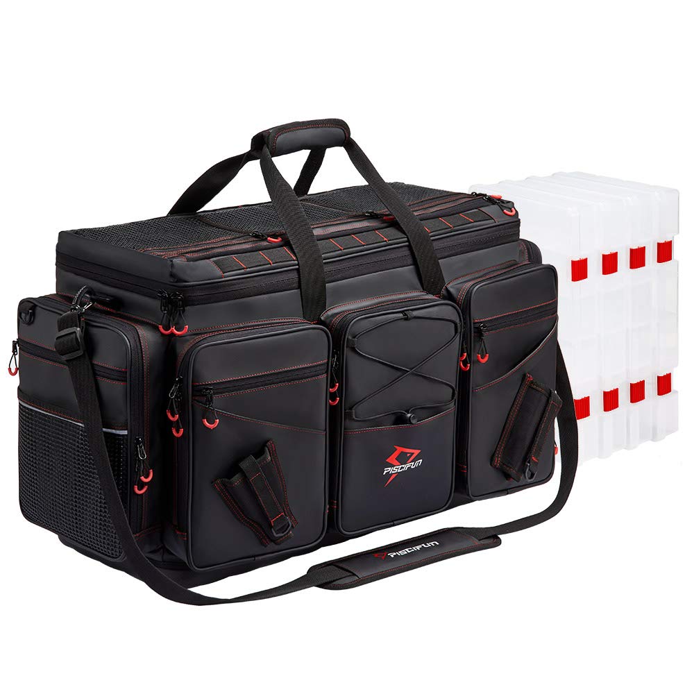 Piscifun Waterproof Fishing Tackle Bag with 4 Removable 3600/3700 Tackle Boxes - Large Durable Fishing Gear Storage Organizer for Travel, Camping & Hiking - Perfect for Saltwater & Freshwater Fishing Trips