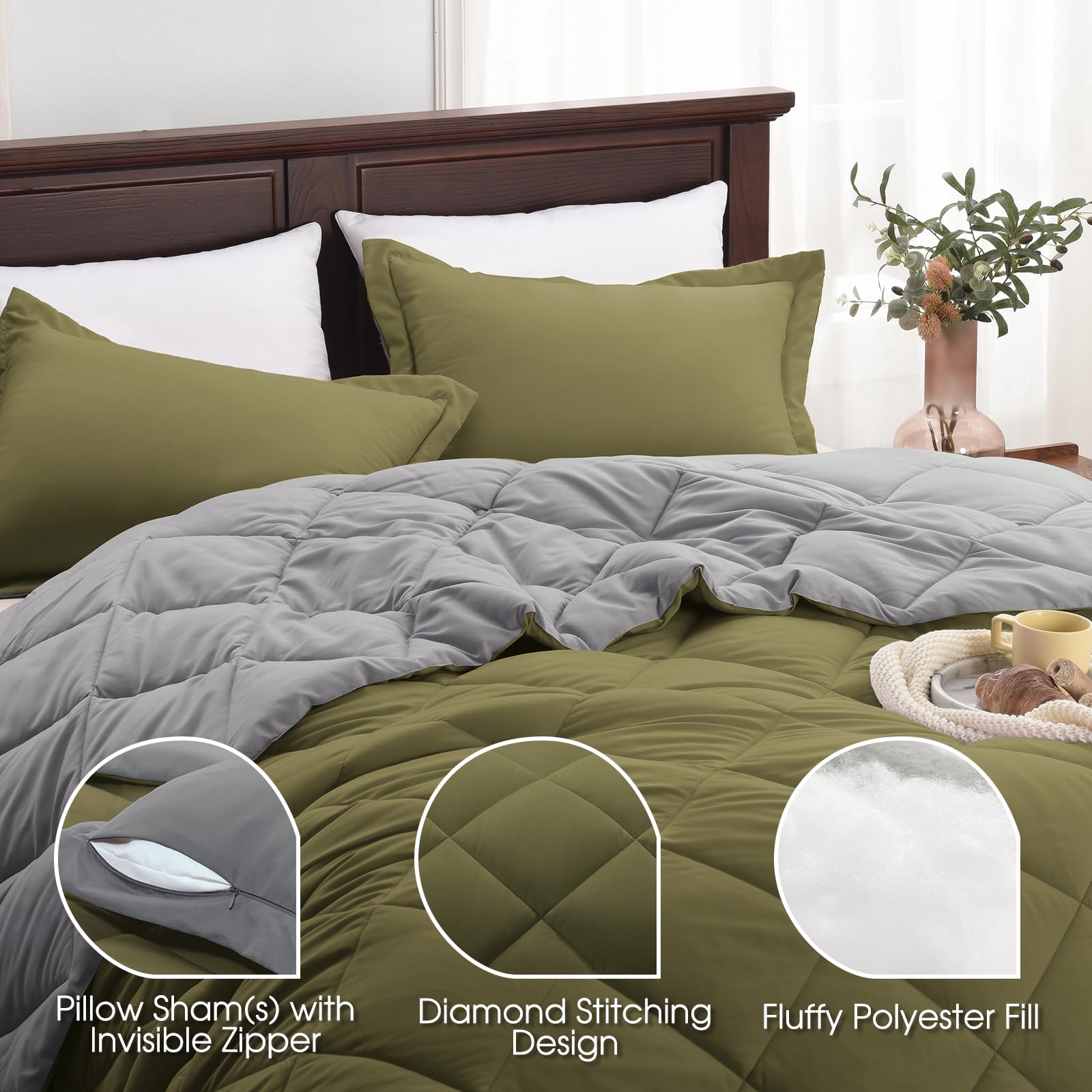 Reversible Queen Comforter Set - Olive Green & Charcoal Gray All-Season Bedding, 88