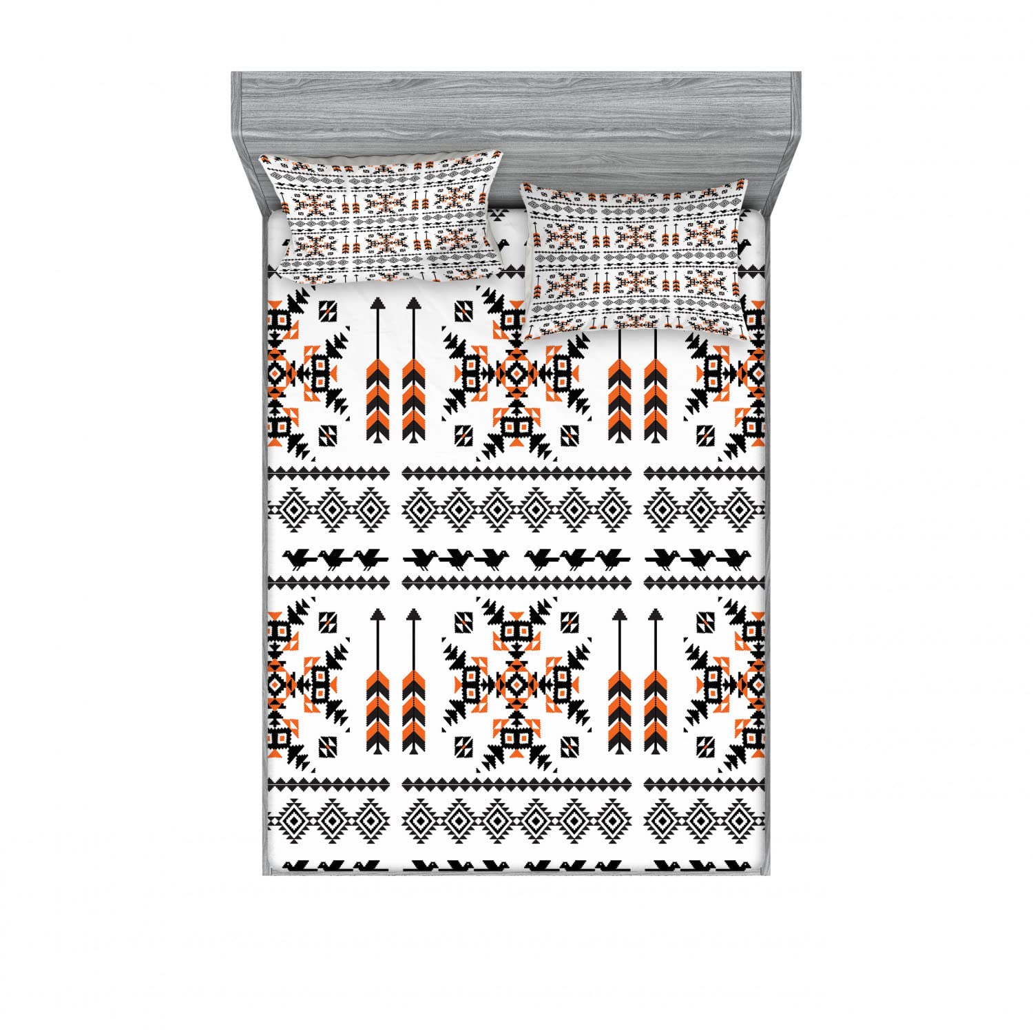 Ambesonne 2-Pack Queen Size Fitted Sheet Set with 4 Pillow Shams - Tribal Birds & Arrows Pattern Bedding in Orange, Black & White - Perfect for Boho Bedroom Decor & Guest Room Styling